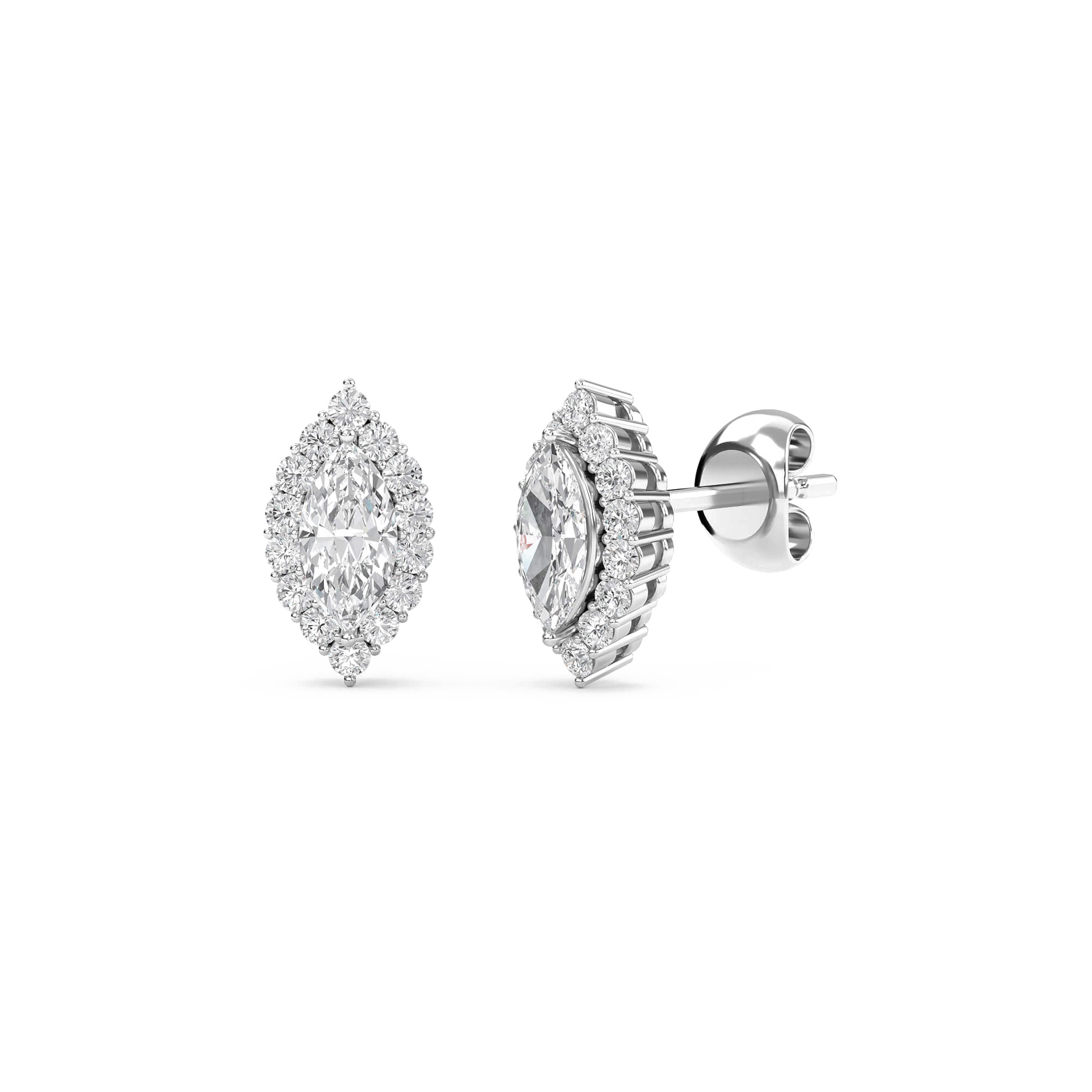 Nala – Marquise-Cut Halo Diamond Studs — diamond stud earrings — pave — lab grown diamond — 18k white gold and platinum — Carat House
