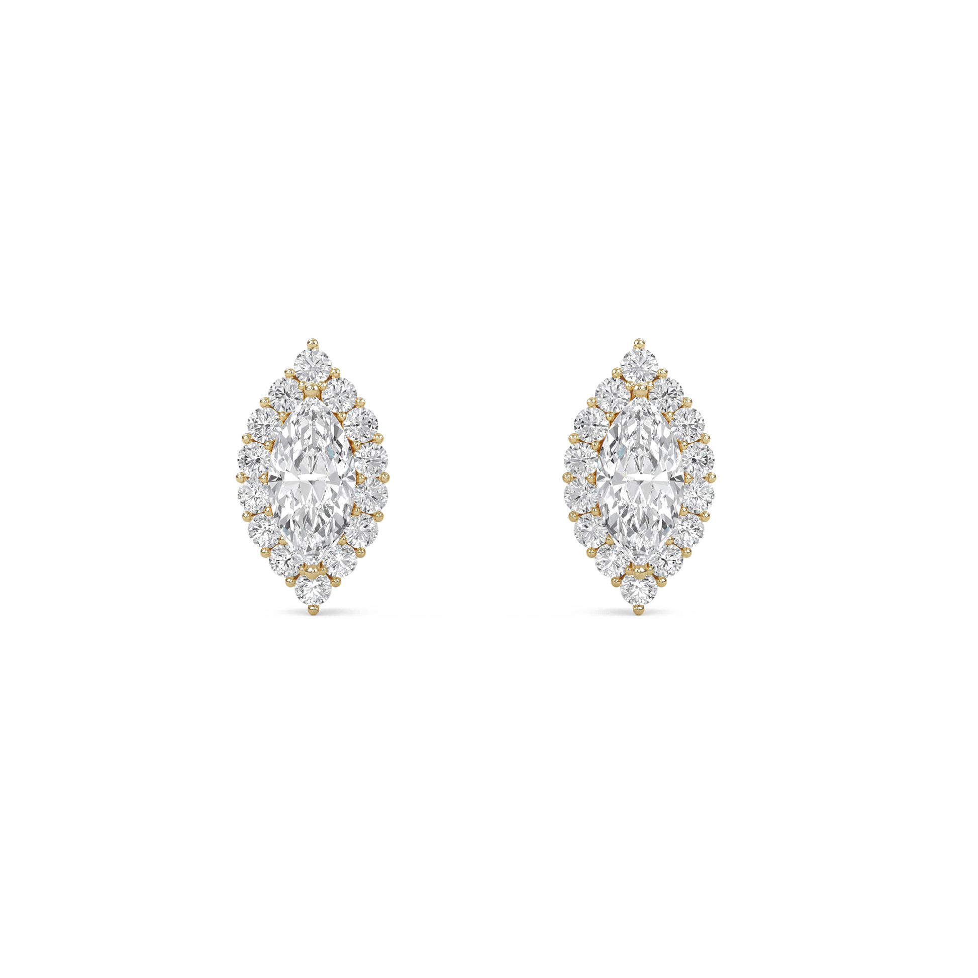 Marquise-cut halo diamond studs by Carat House Dubai, featuring sparkling diamond accents and elegant jewelry design.