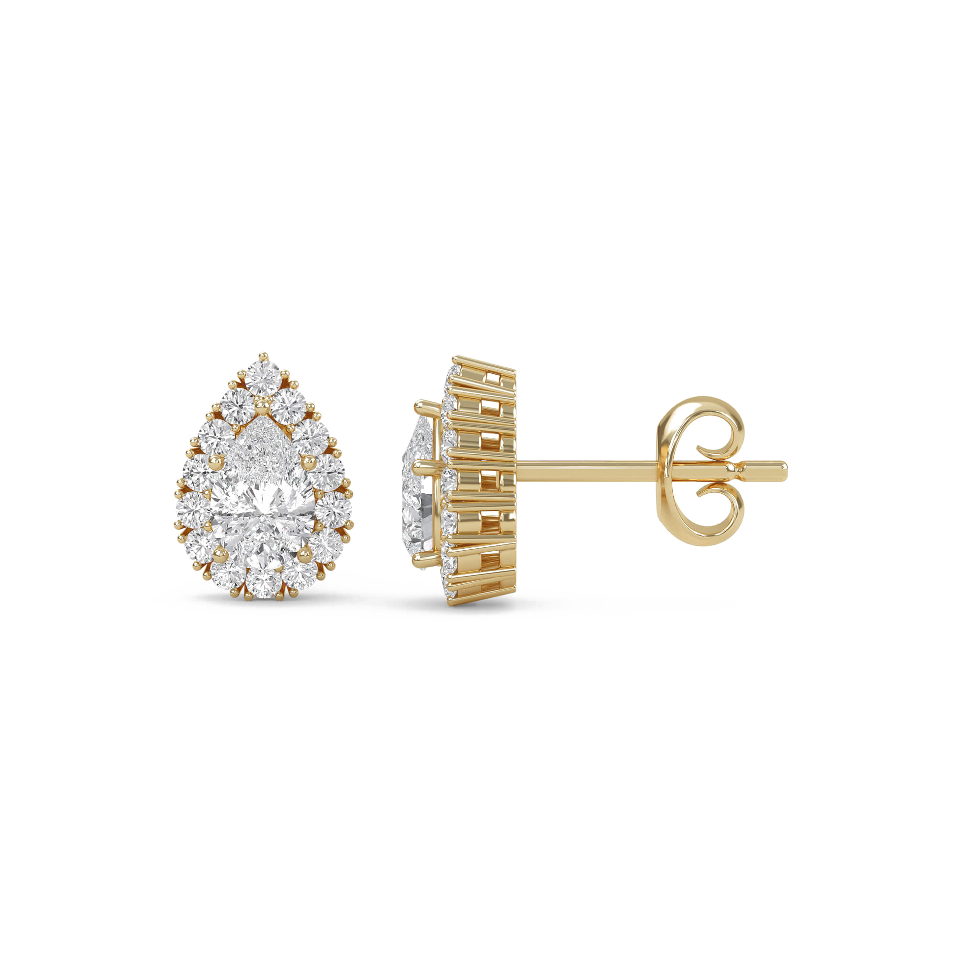 Pear-shaped solitaire diamond halo stud earrings by Carat House Dubai featuring elegant diamond accents and a secure stud closure.