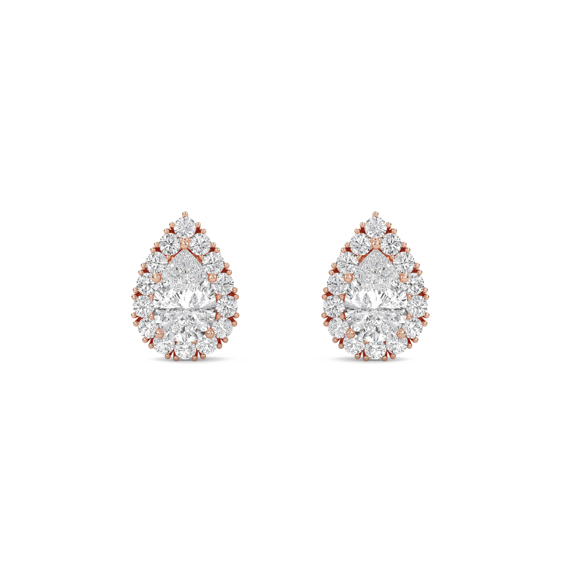 Pear-shaped diamond solitaire halo studs from Carat House Dubai, featuring elegant diamond settings on sterling silver or gold.