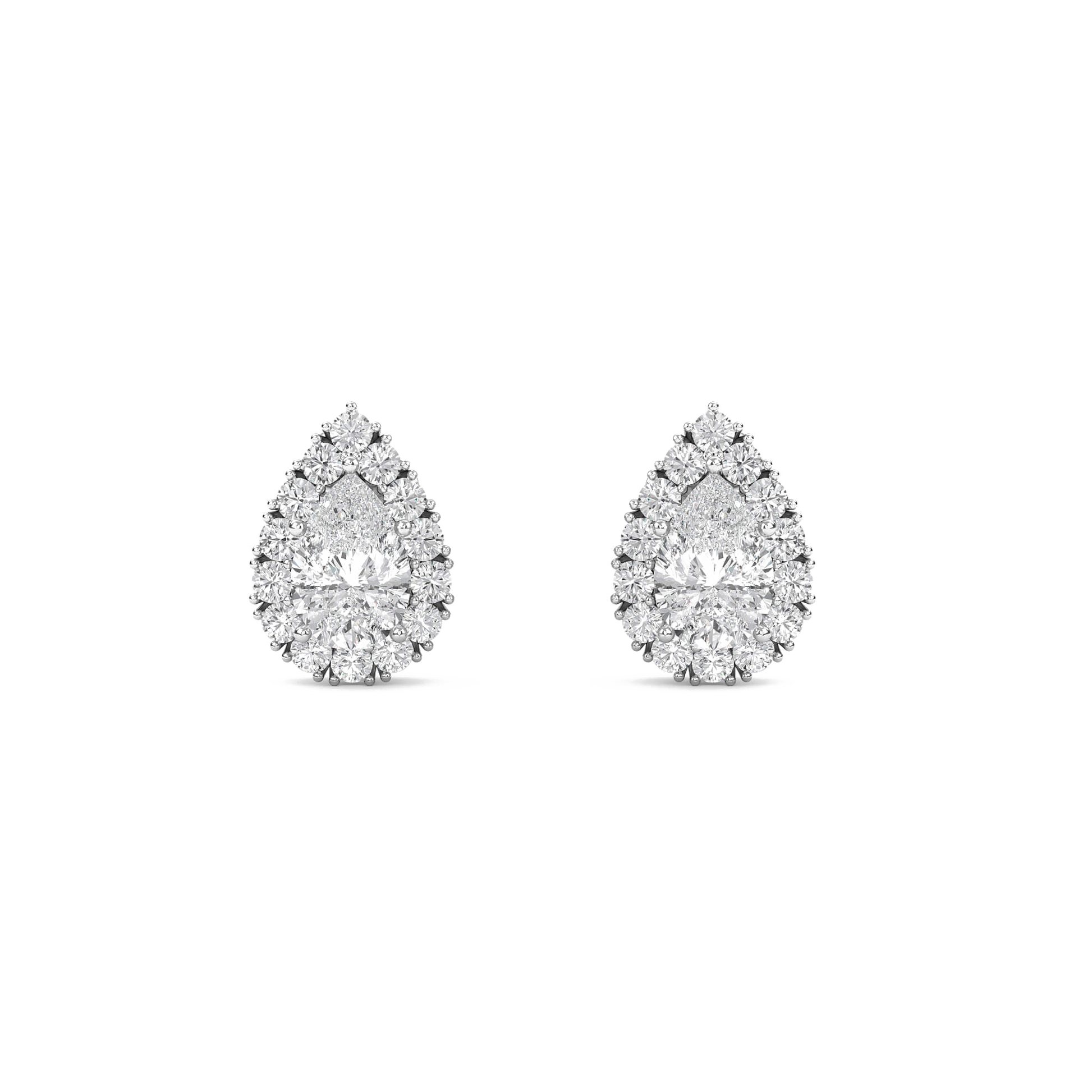 Pear-shaped solitaire diamond halo stud earrings by Carat House Dubai, featuring elegant diamond setting and sparkling brilliance.