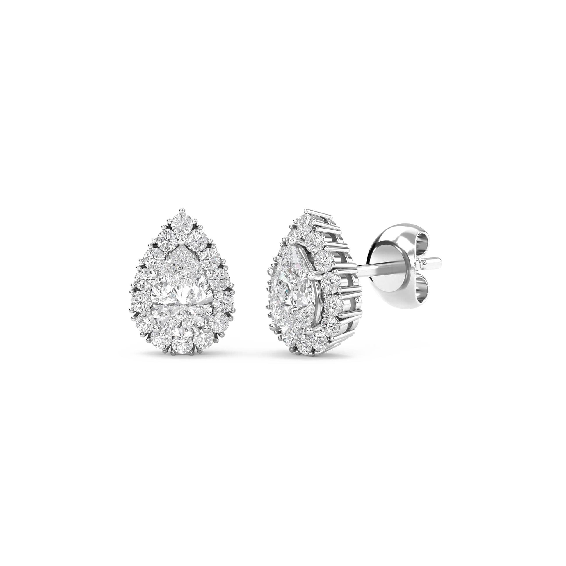 Nia – Pear Solitaire Diamond Halo Studs — diamond stud earrings — pave — lab grown diamond and natural diamond — 18k white gold and platinum — Carat House
