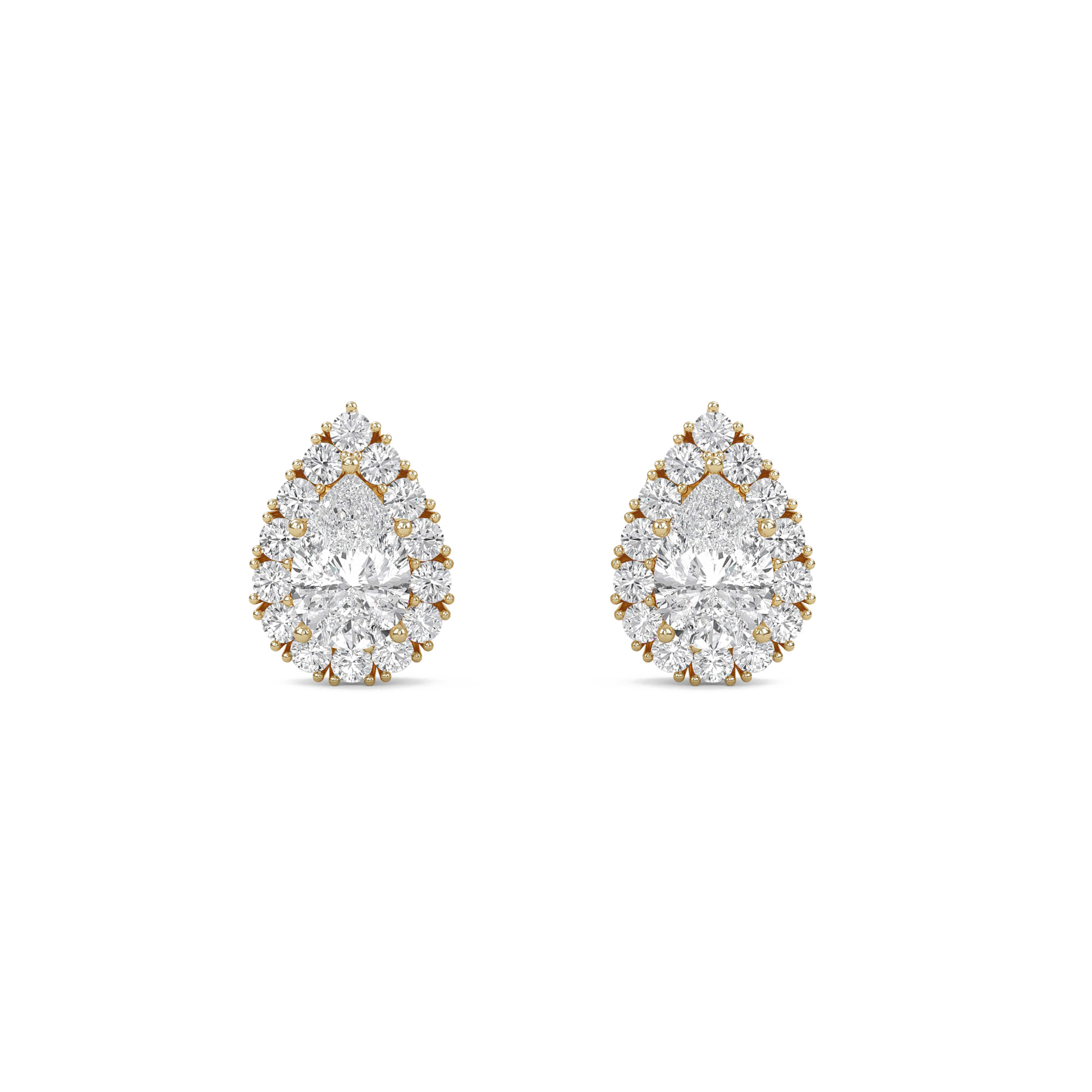 Pear-shaped diamond halo stud earrings from Carat House Dubai's Nia collection featuring solitaire diamond design.
