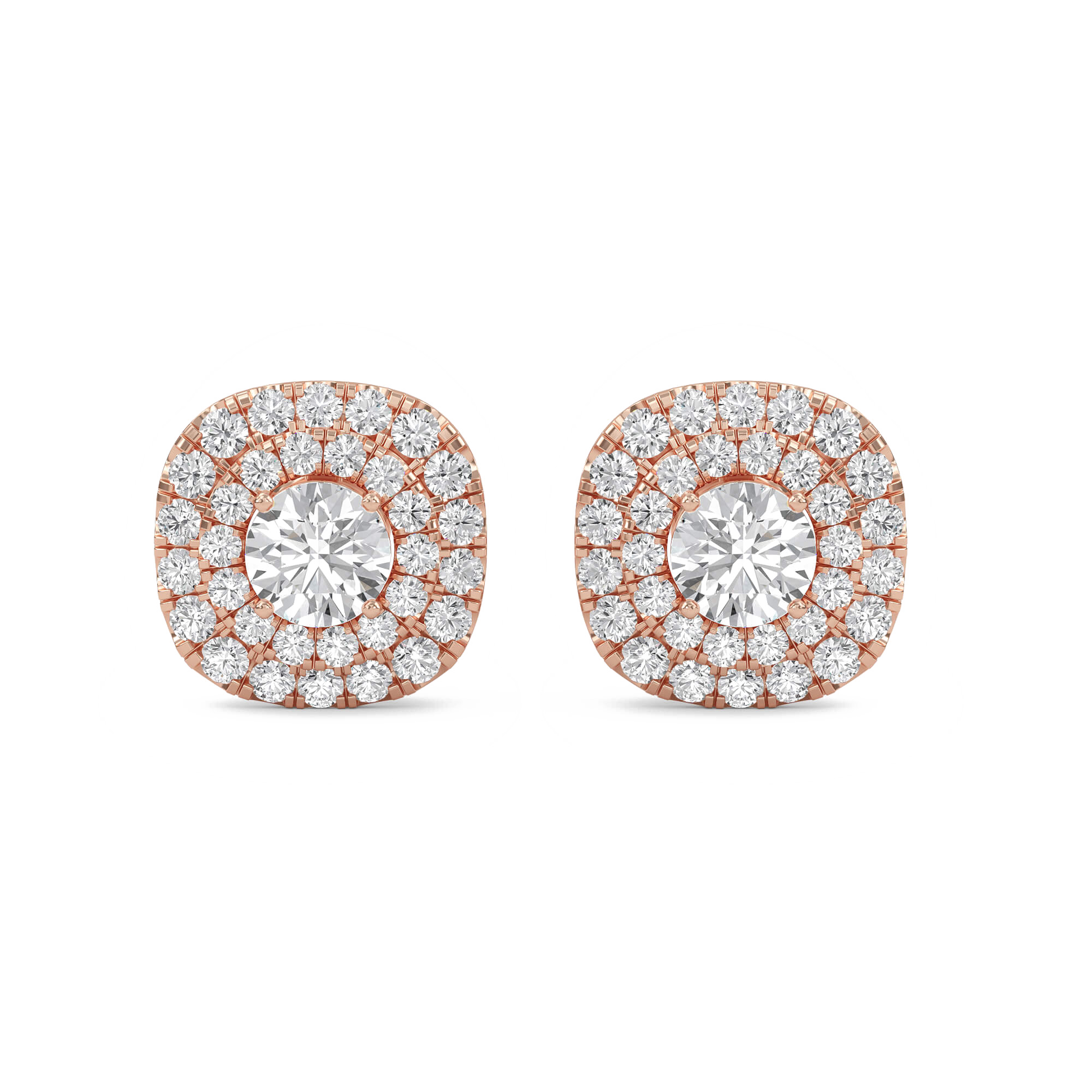 Nina Carat House Dubai round double halo diamond stud earrings with sparkling diamonds and silver setting.