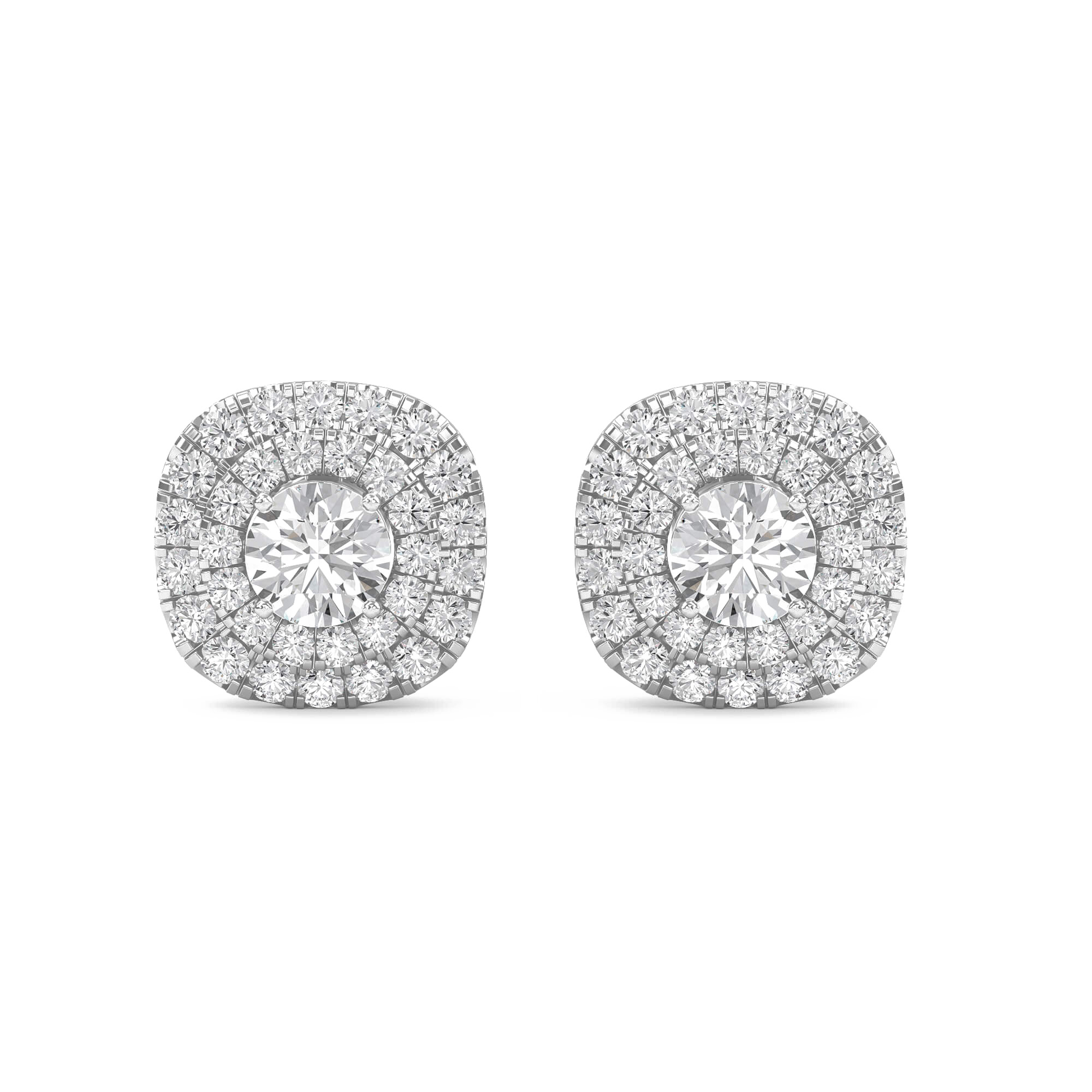 Carat House Dubai Nina round double halo diamond stud earrings with sparkling diamonds and silver setting.