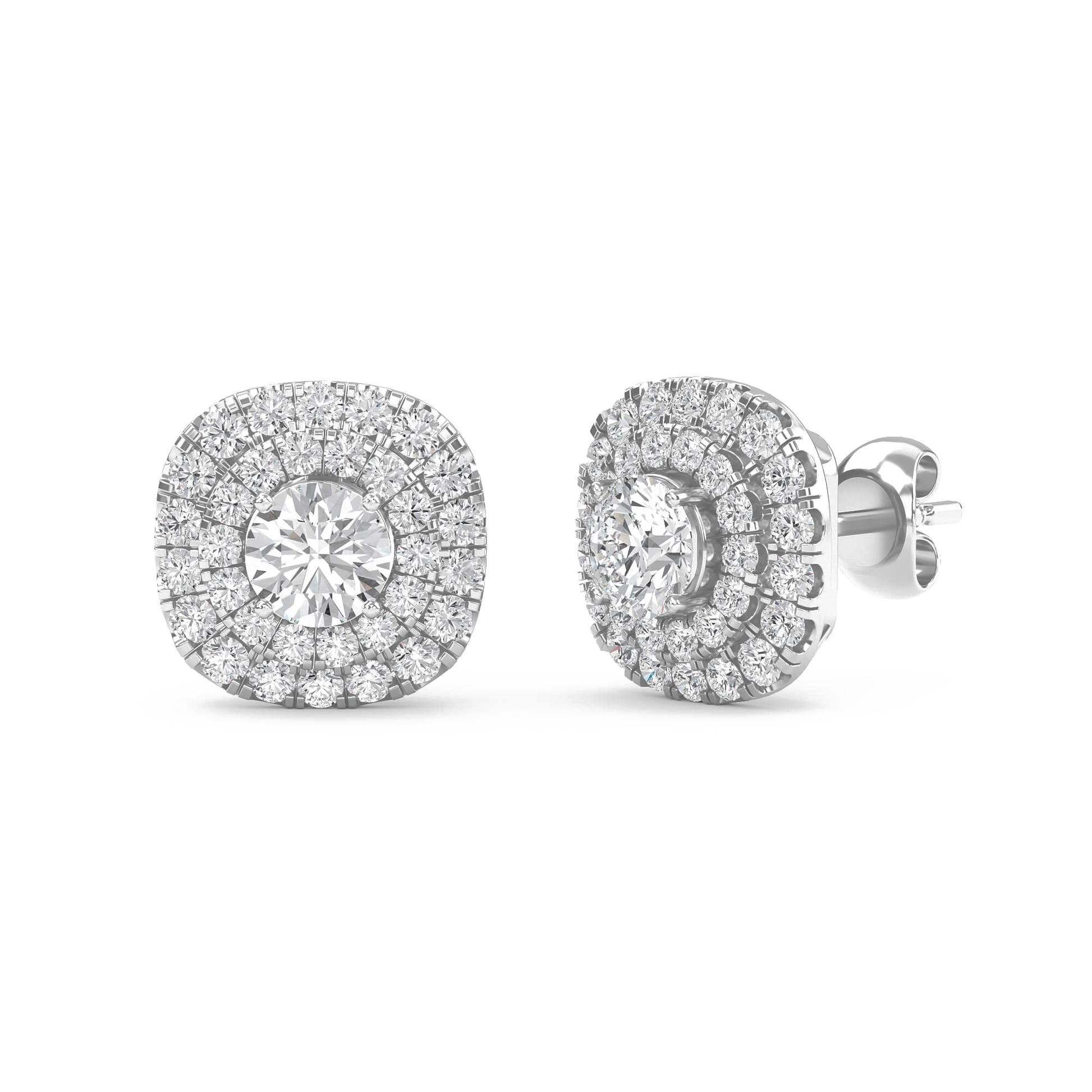 Nina – Round Double Halo Diamond Studs — diamond stud earrings — lab grown diamond and natural diamond — 18k white gold and platinum — Carat House