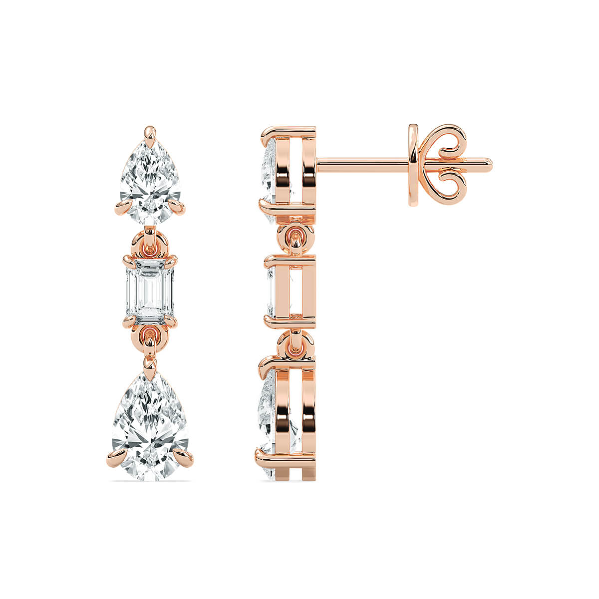 Pear and emerald-cut drop stud earrings by Carat House Dubai featuring elegant pear-shaped and emerald-cut gemstones.