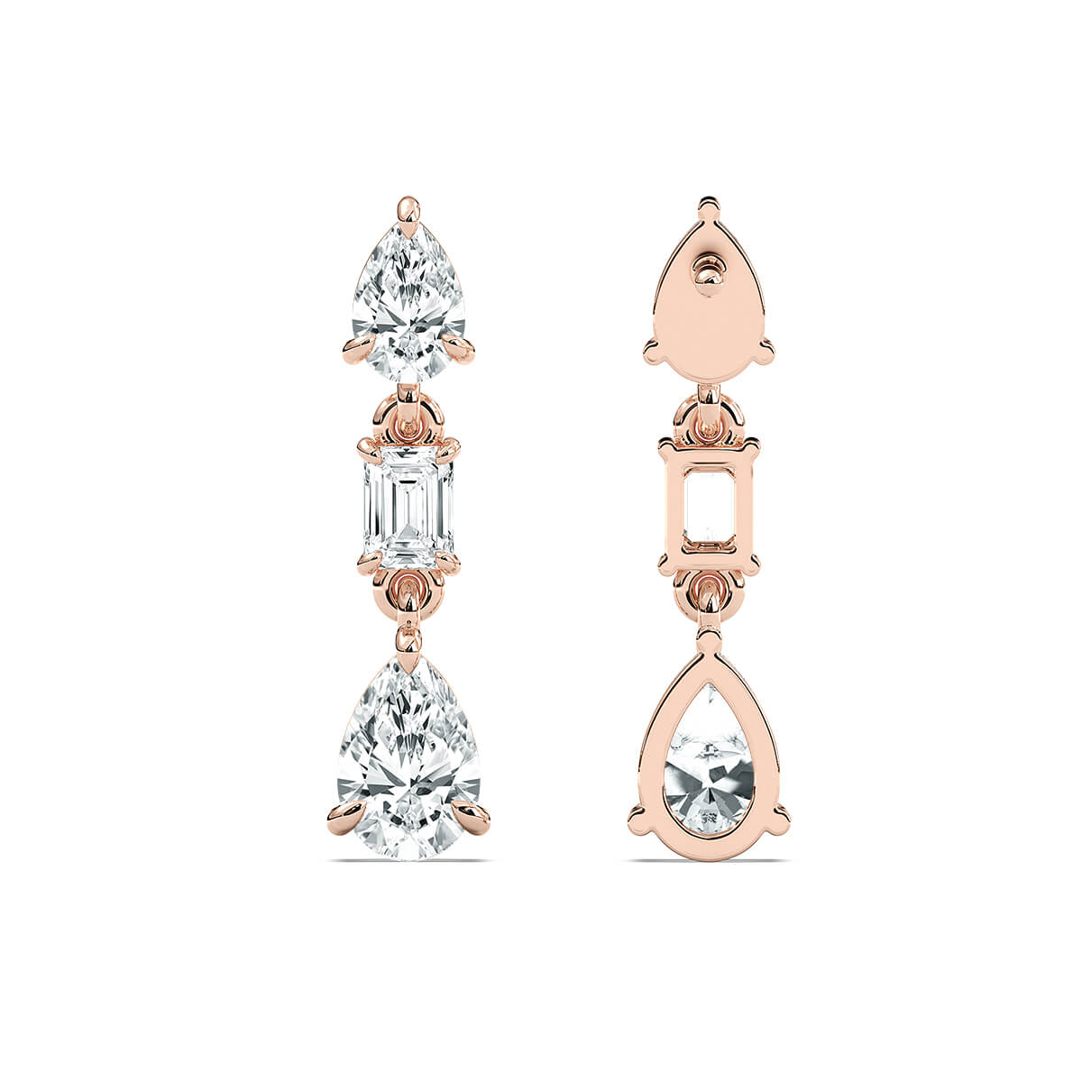 Pear and emerald-cut drop stud earrings from Carat House Dubai's Ella collection, featuring sparkling gemstones and elegant design.