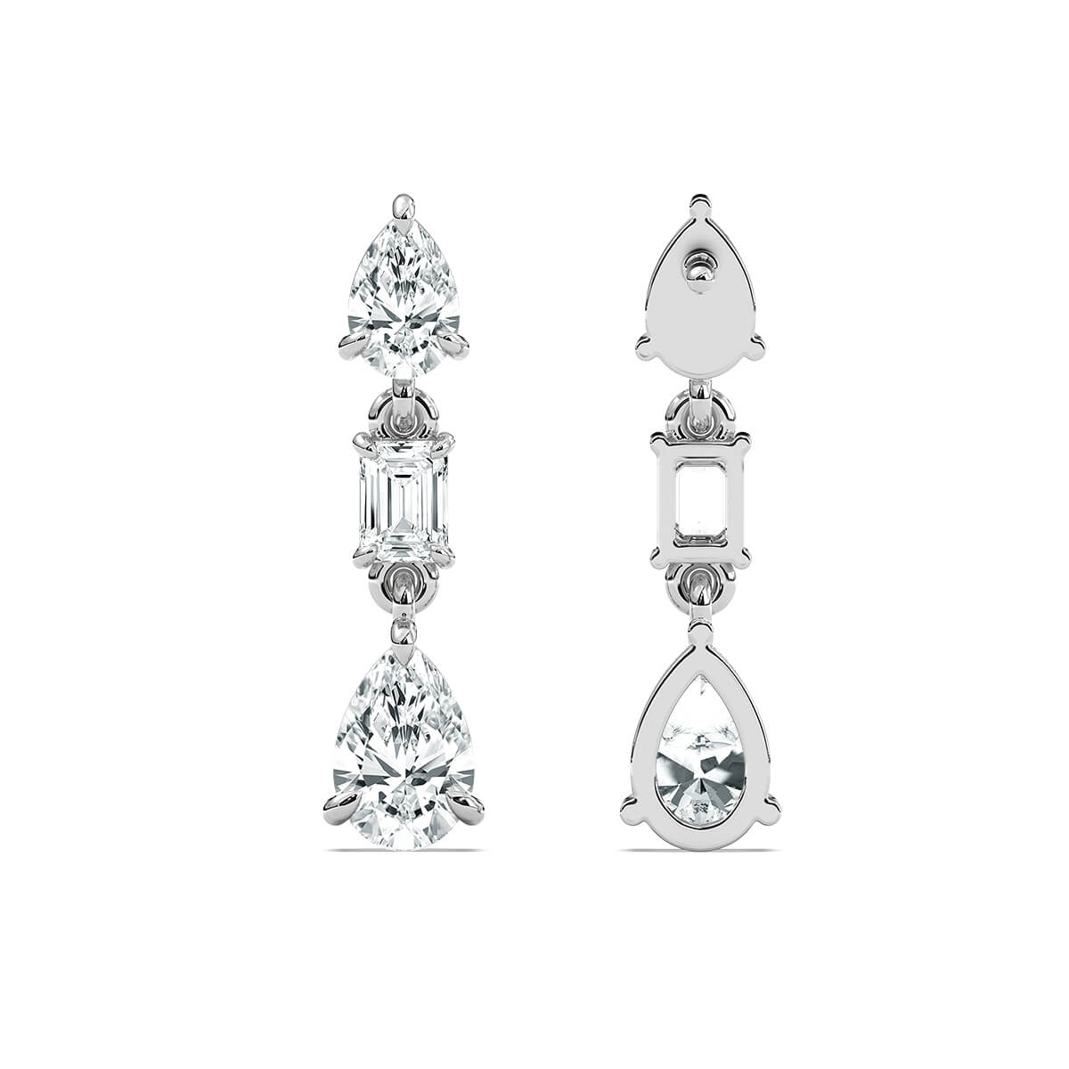 Pear and emerald-cut drop stud earrings by Carat House Dubai featuring elegant pear-shaped and emerald-cut gemstones.