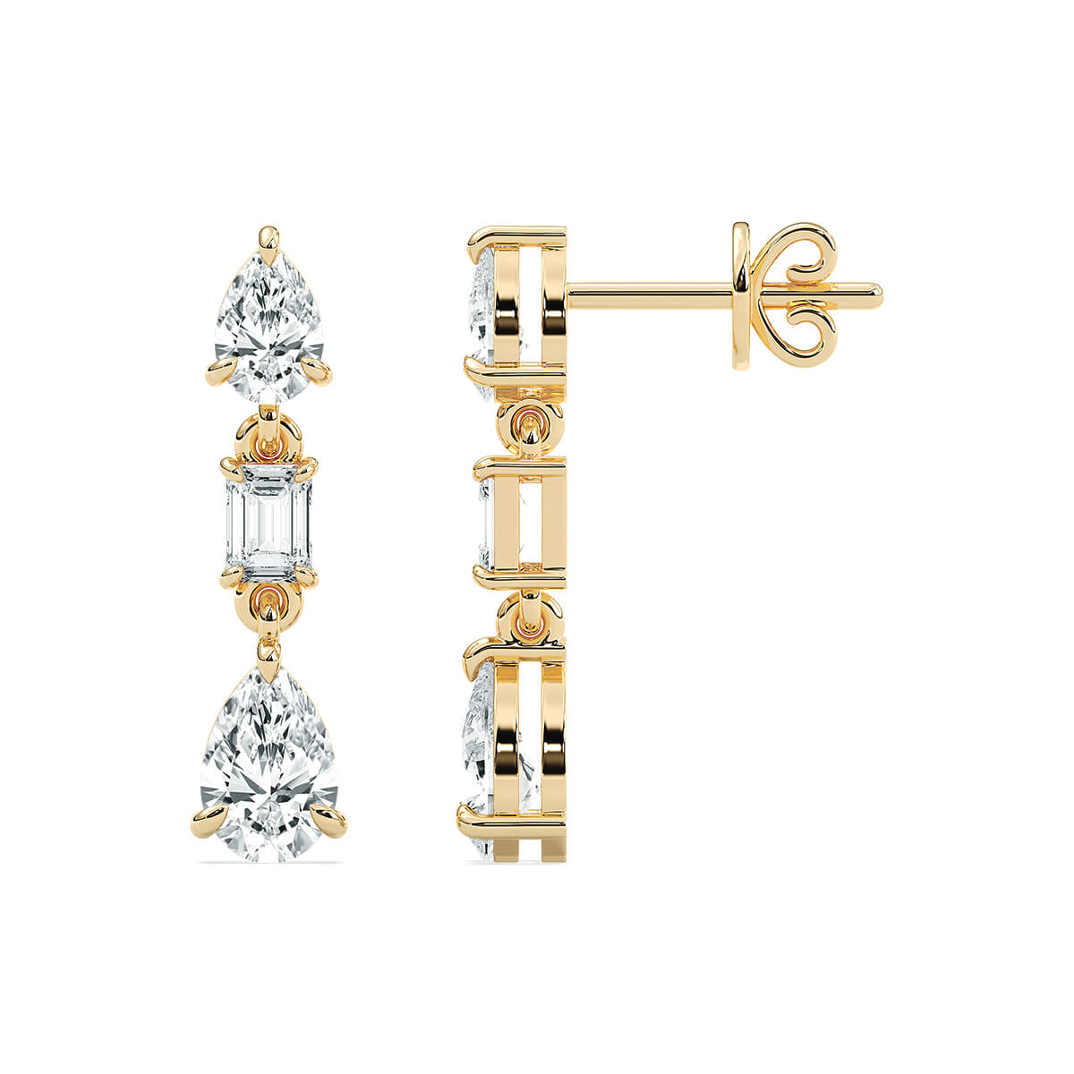 Pear and emerald-cut drop stud earrings from Carat House Dubai, featuring elegant pearl and gemstone design.
