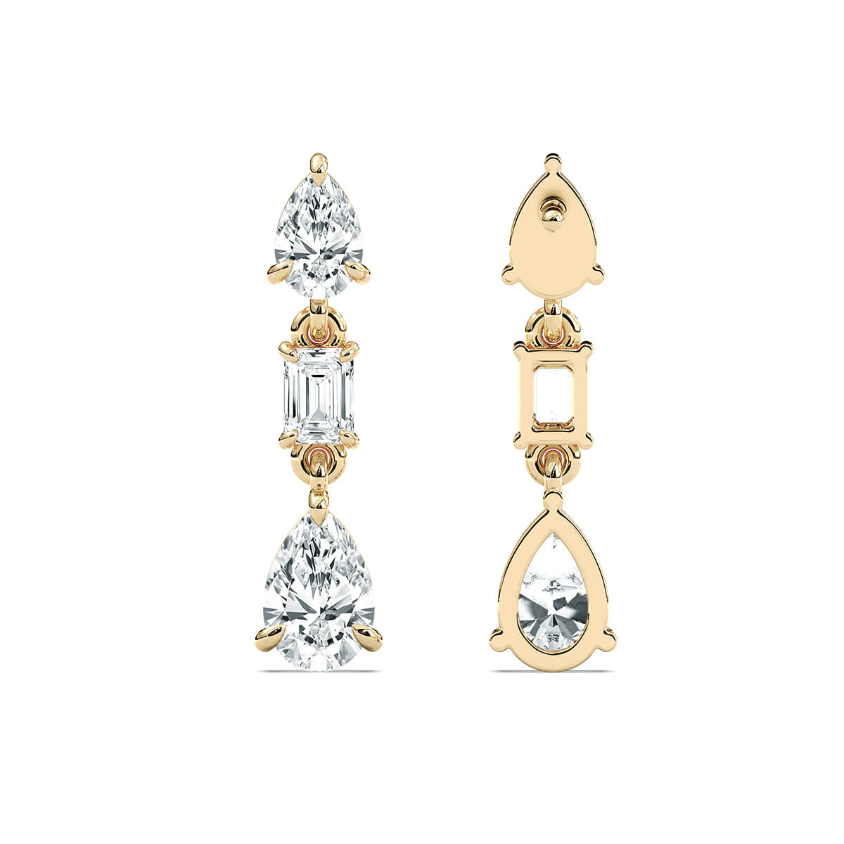 Pear and emerald-cut drop stud earrings from Carat House Dubai's Ella collection, featuring elegant pear-shaped and emerald-cut gemstones.