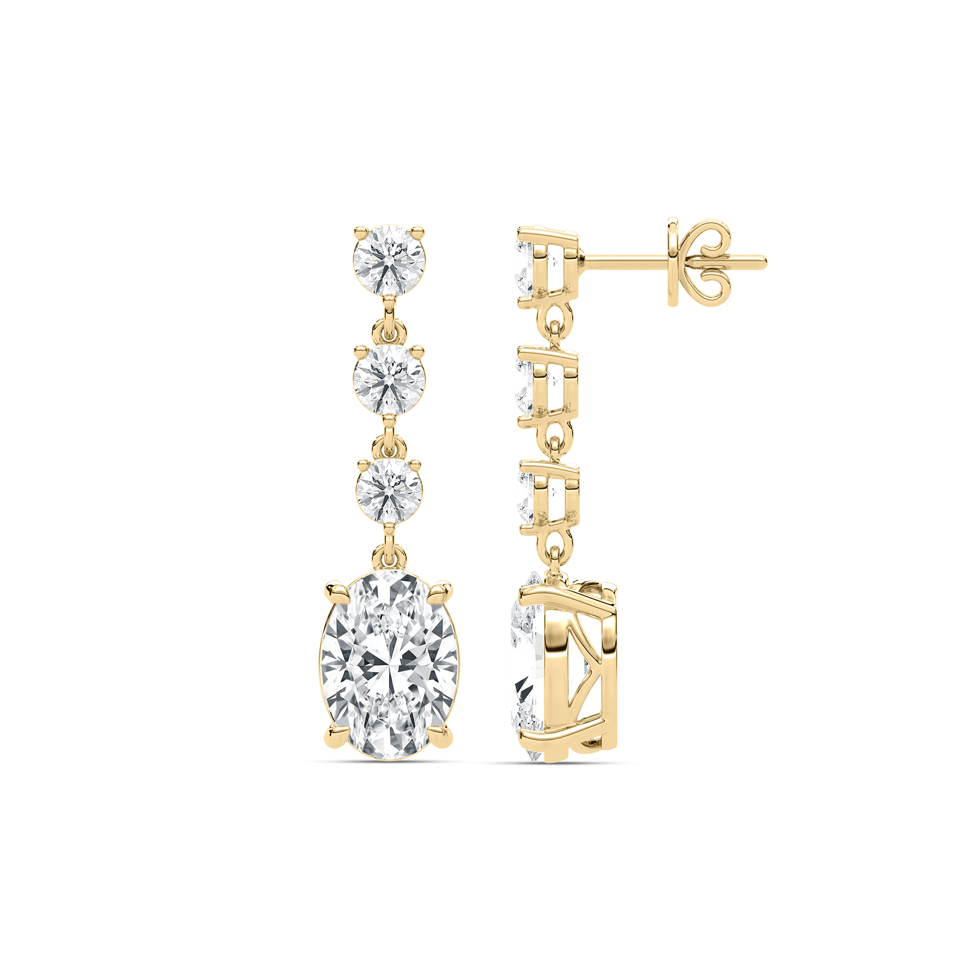 Elegant Eva diamond drop earrings featuring oval and round diamonds set in gold, by Carat House Dubai.