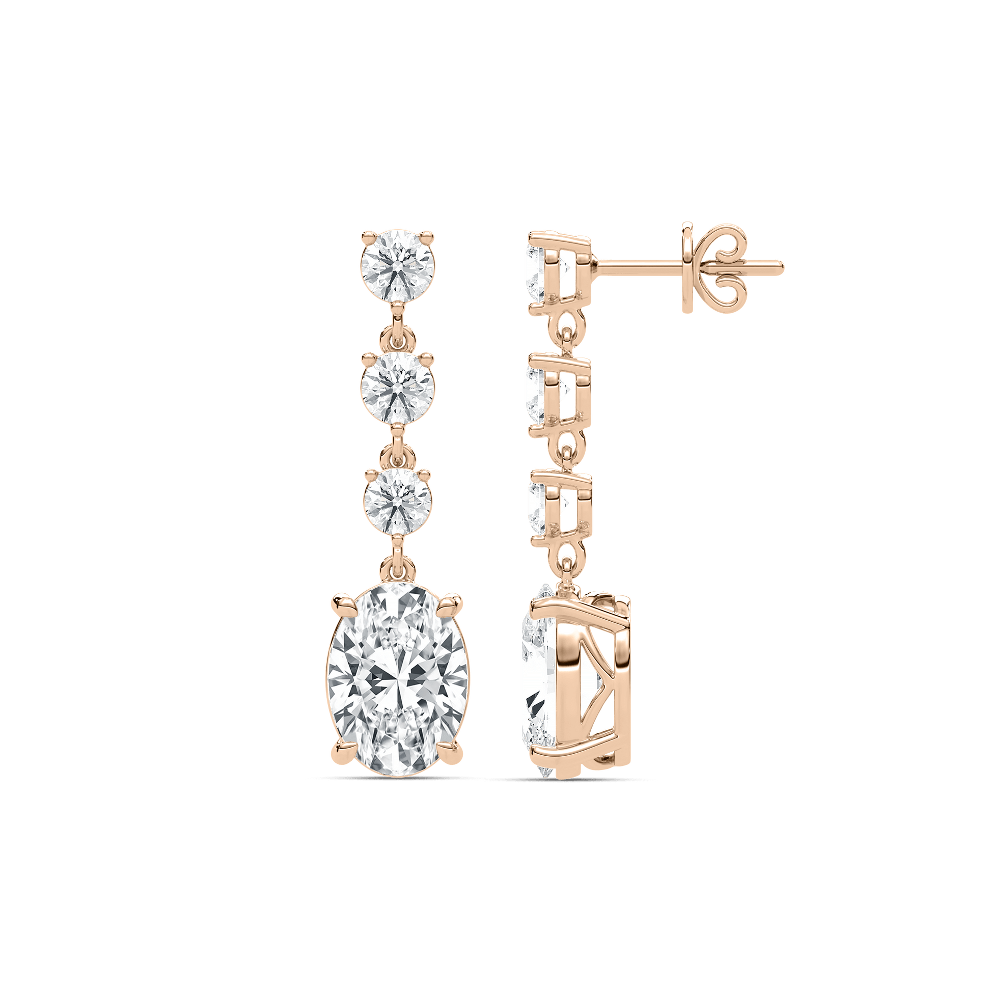 Elegant Eva diamond drop earrings by Carat House Dubai featuring oval and round diamonds on a sleek gold setting.