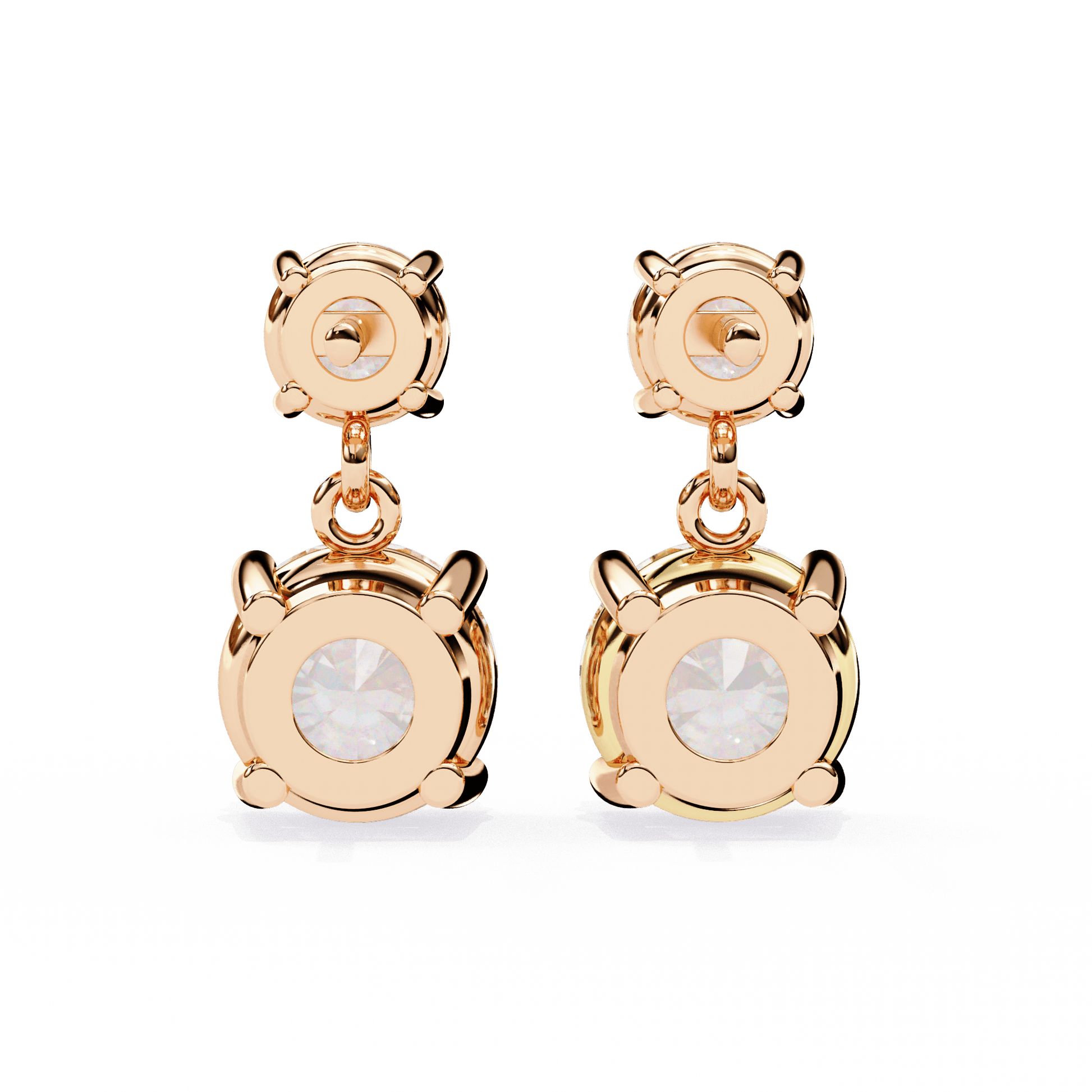 Round-cut diamond drop stud earrings by Carat House Dubai featuring elegant, sparkling diamond drops on a sleek metal setting.