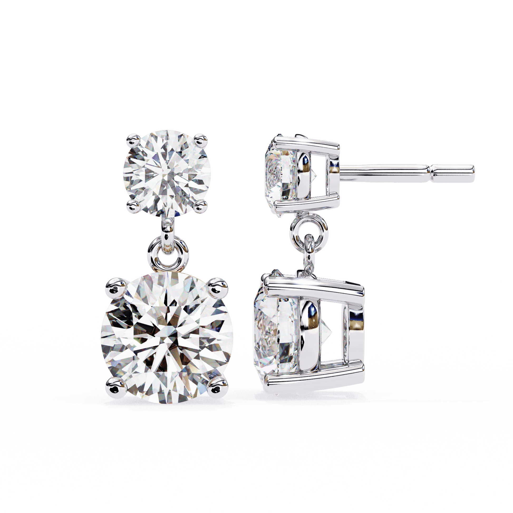 Round-cut diamond drop stud earrings by Carat House Dubai featuring elegant, sparkling diamond drops on classic studs.