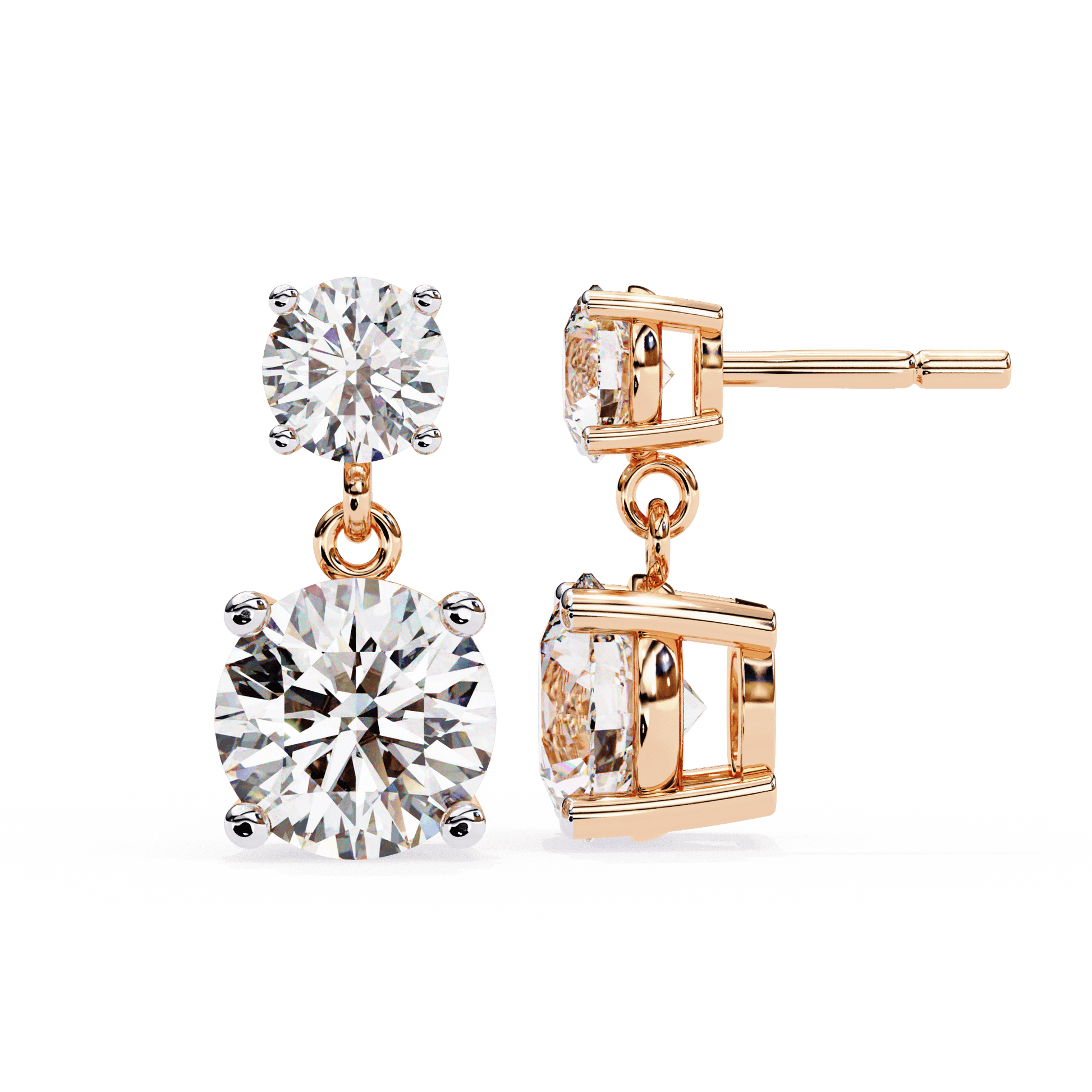 Round-cut diamond drop stud earrings by Carat House Dubai featuring elegant, sparkling diamond drops on a classic setting.