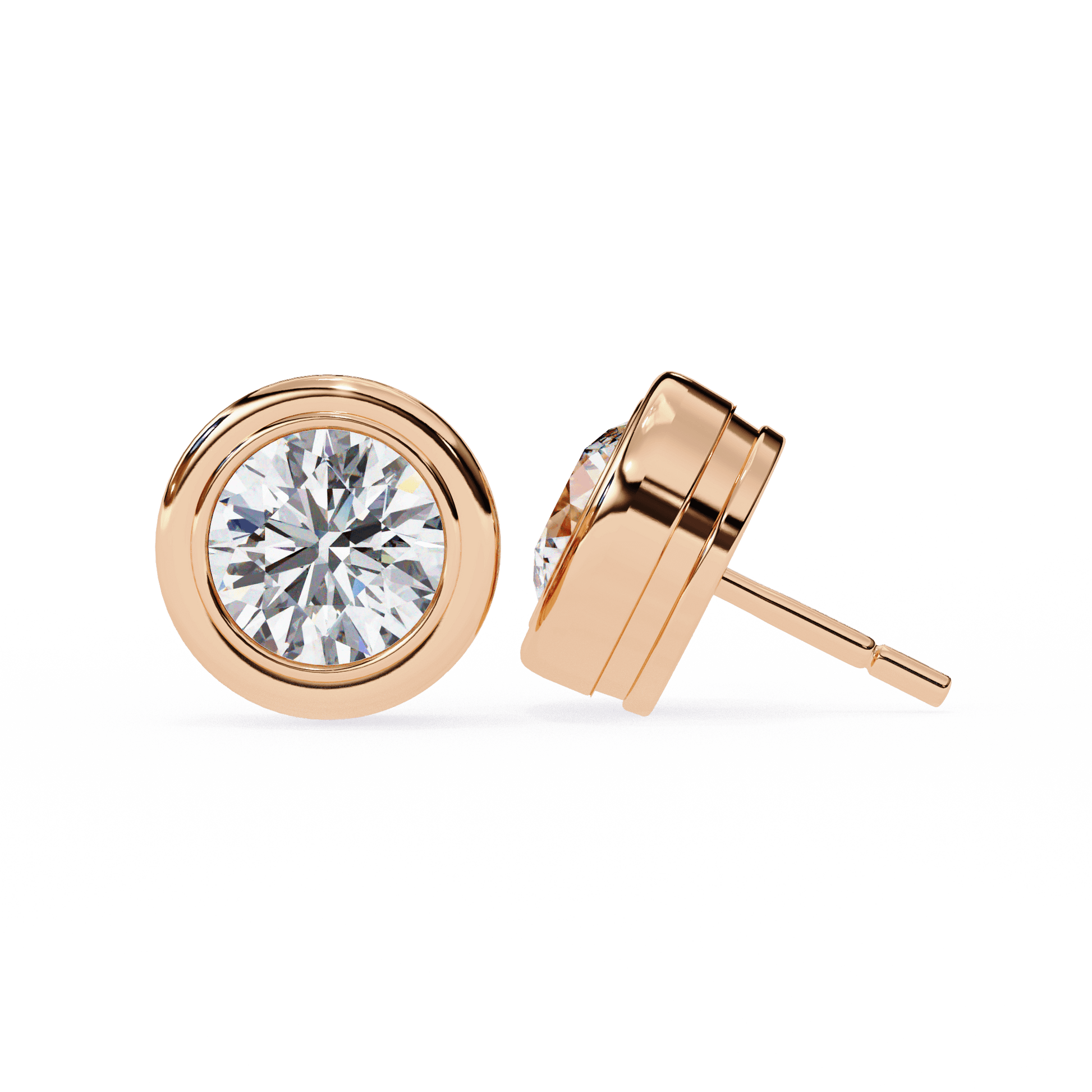 Carat House Dubai Alison bezel-set round diamond studs featuring sparkling diamonds on a sleek silver setting.