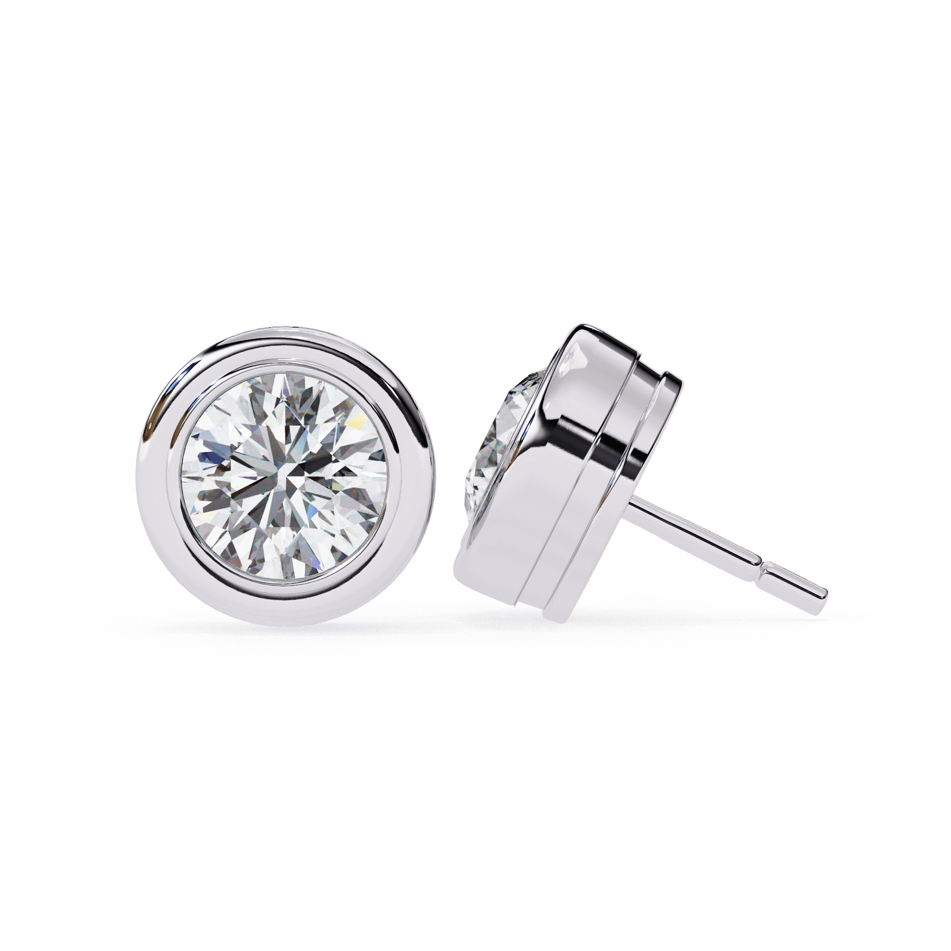 Carat House Dubai Alison bezel-set round diamond stud earrings, showcasing sparkling diamonds on a sleek metal setting.