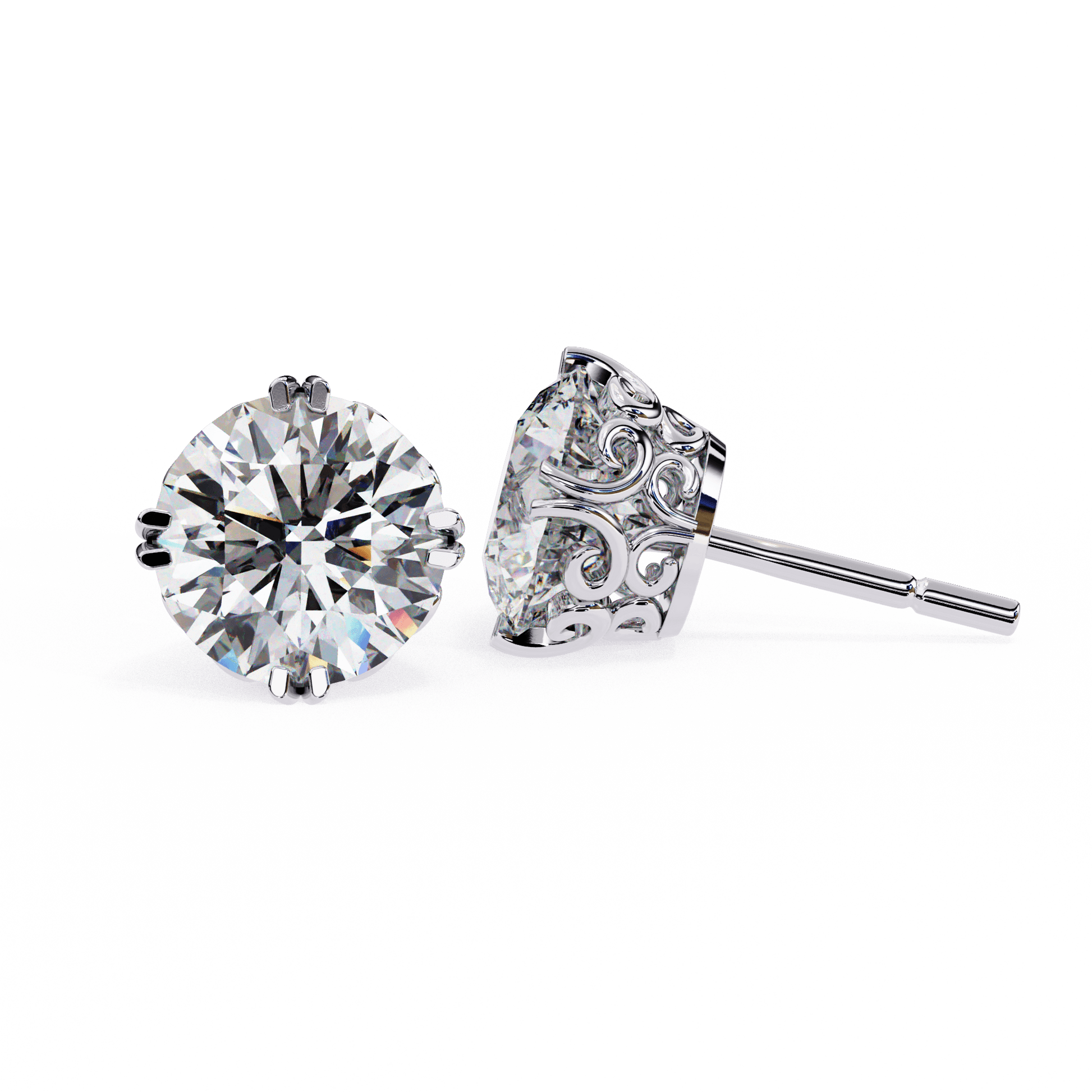 Alyssa double prong filigree diamond stud earrings by Carat House Dubai, featuring intricate metalwork and sparkling diamonds.