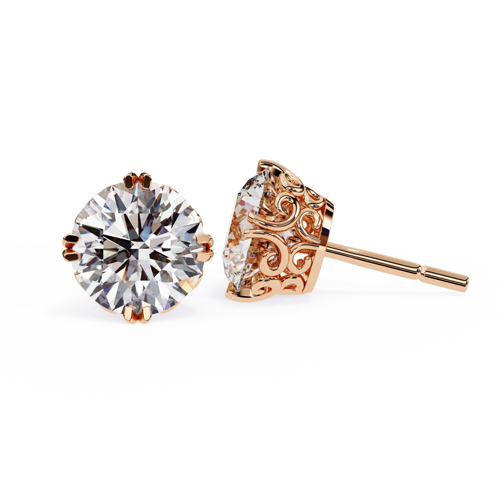A pair of Alyssa double prong filigree diamond studs by Carat House Dubai, showcasing intricate metalwork and sparkling diamonds.