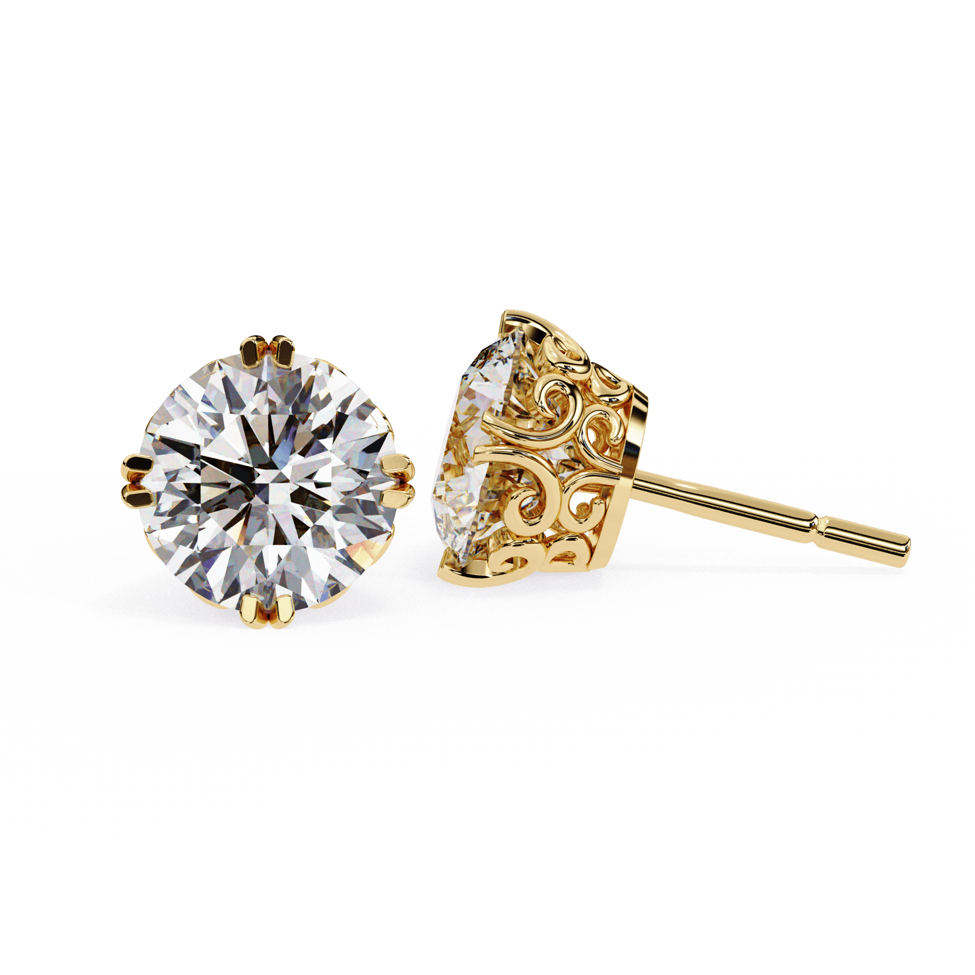 A pair of Alyssa double prong filigree diamond studs by Carat House Dubai, featuring intricate metalwork and sparkling diamonds.