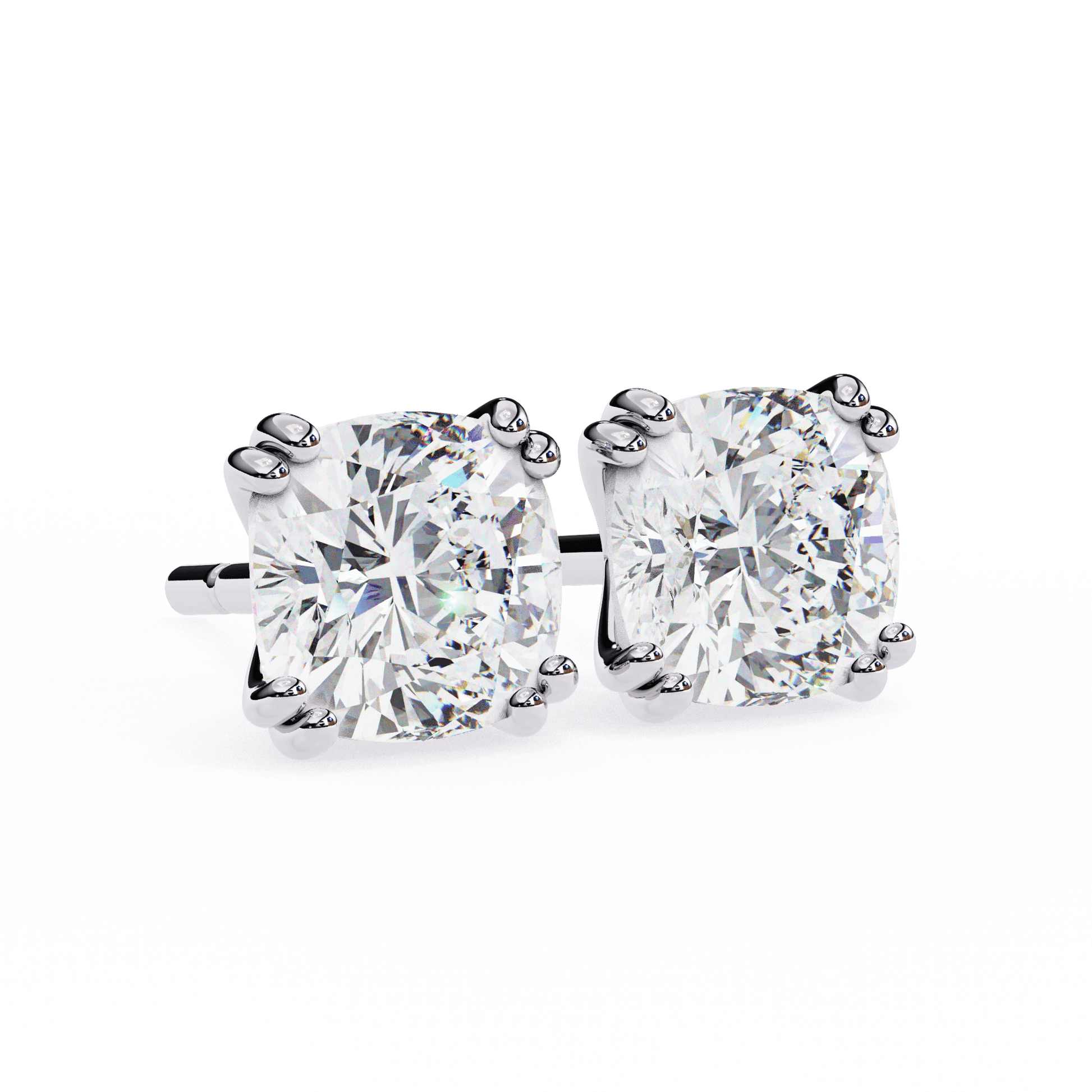 Carat House Dubai Audrey double prong cushion stud earrings with sparkling gemstones and silver-tone metal.