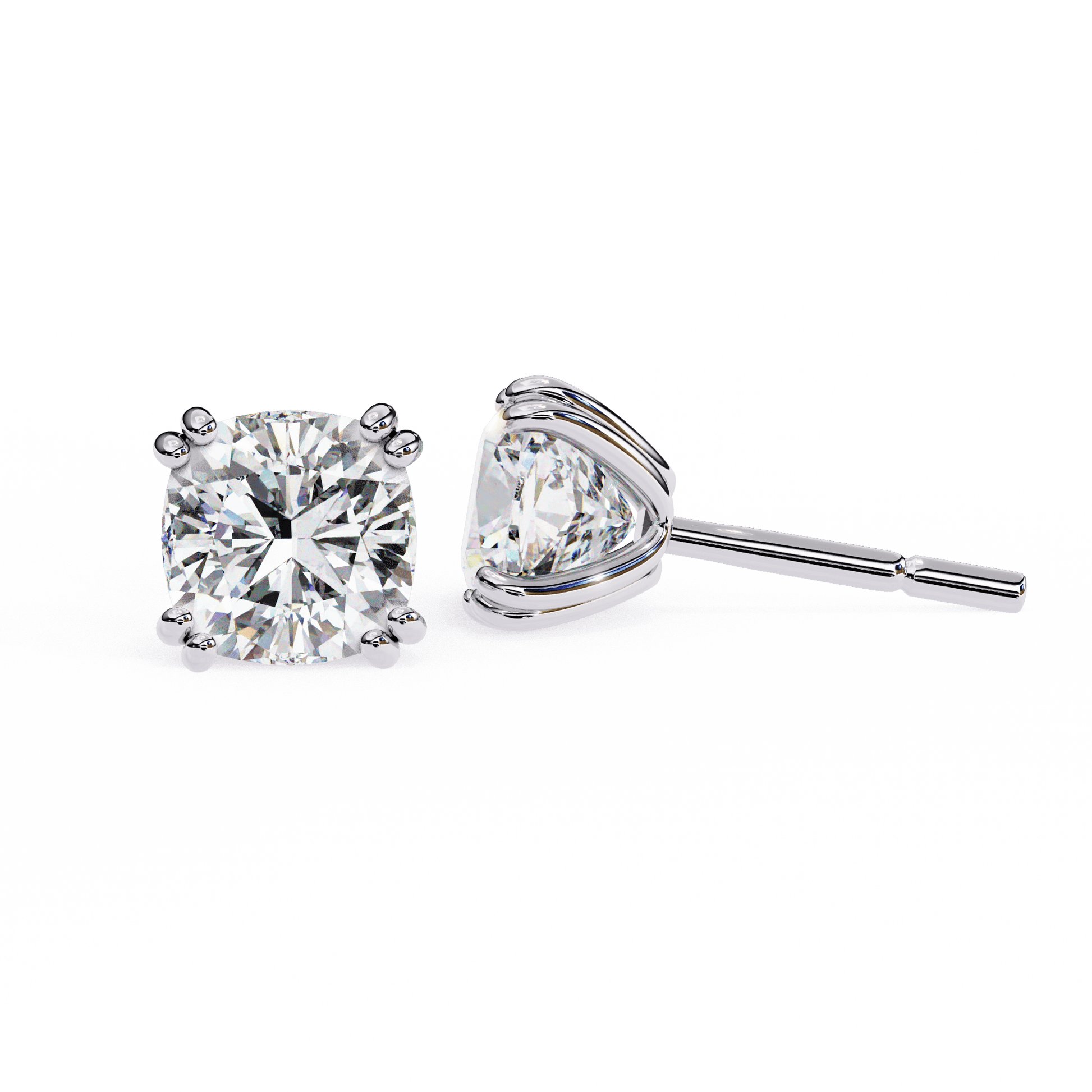Audrey double prong cushion stud earrings by Carat House Dubai, featuring sparkling gemstone settings and sleek silver design.