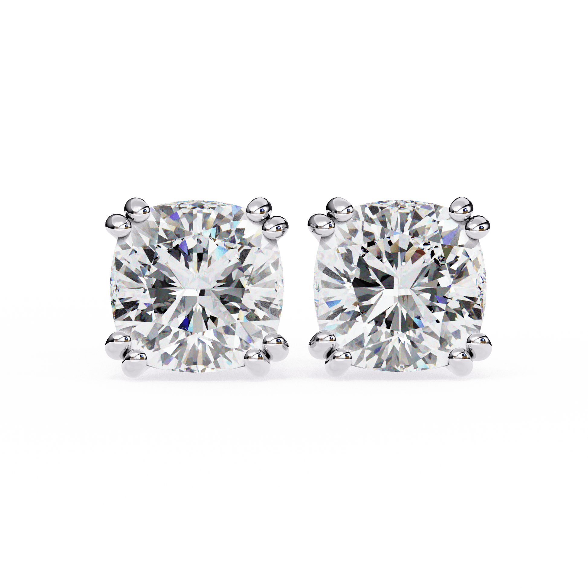 Audrey– The Double Prong Cushion Stud — diamond stud earrings — lab grown diamond and natural diamond — 18k white gold and platinum — Carat House