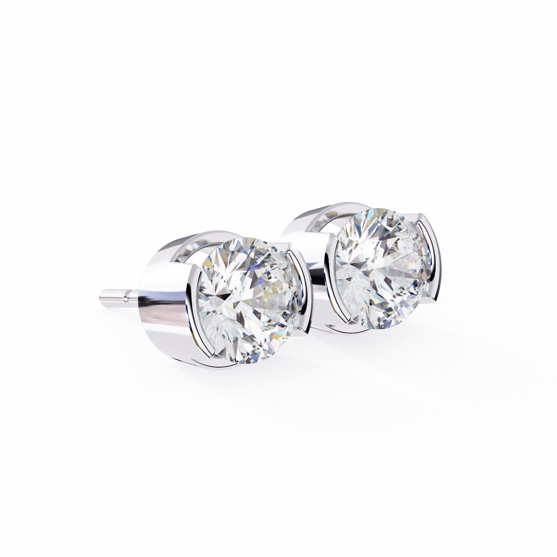 Carat House Dubai Amy semi bezel round diamond studs with sparkling diamonds and sleek metal setting, close-up view of elegant jewelry.