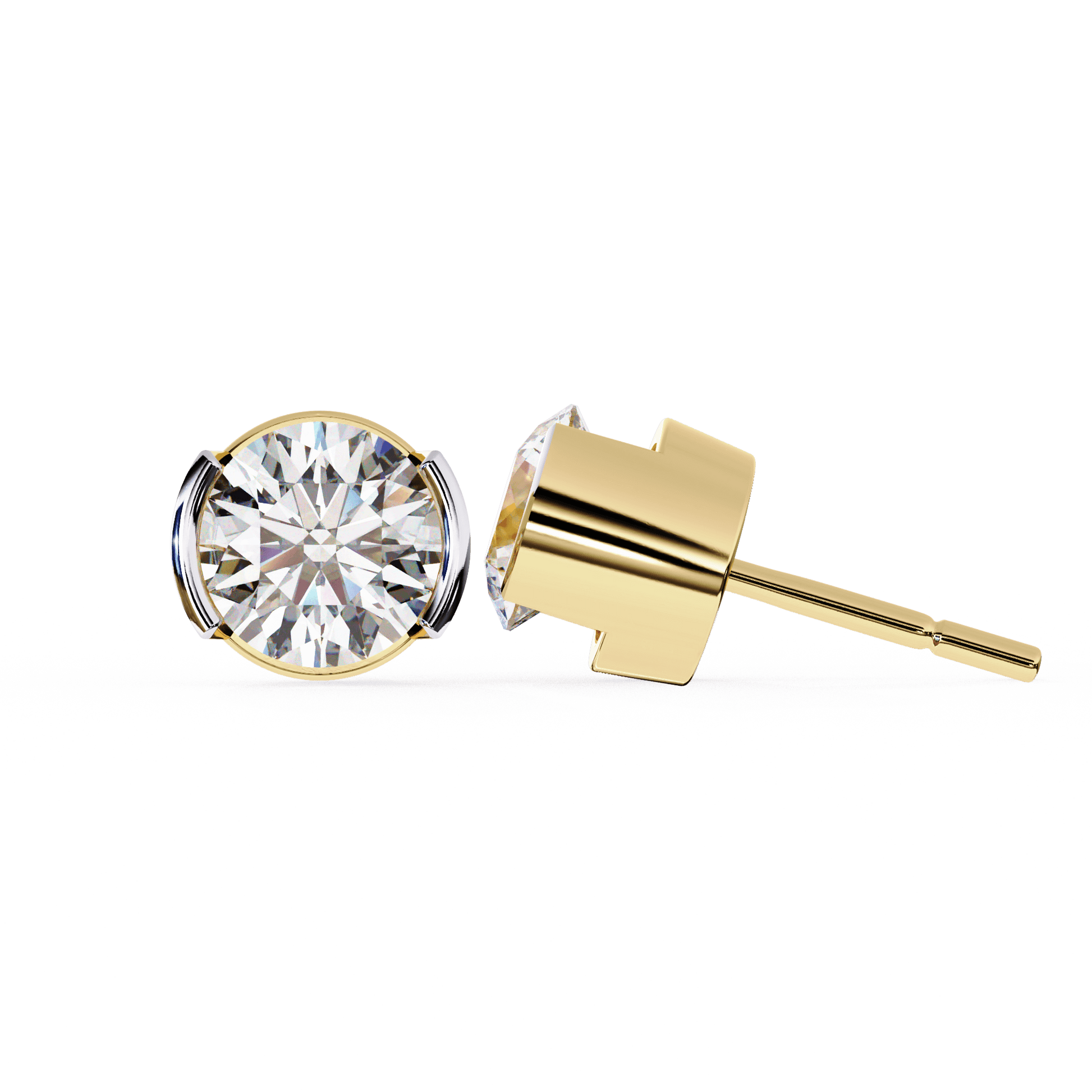 Carat House Dubai Amy semi bezel round diamond studs with sparkling diamonds on a sleek silver setting.