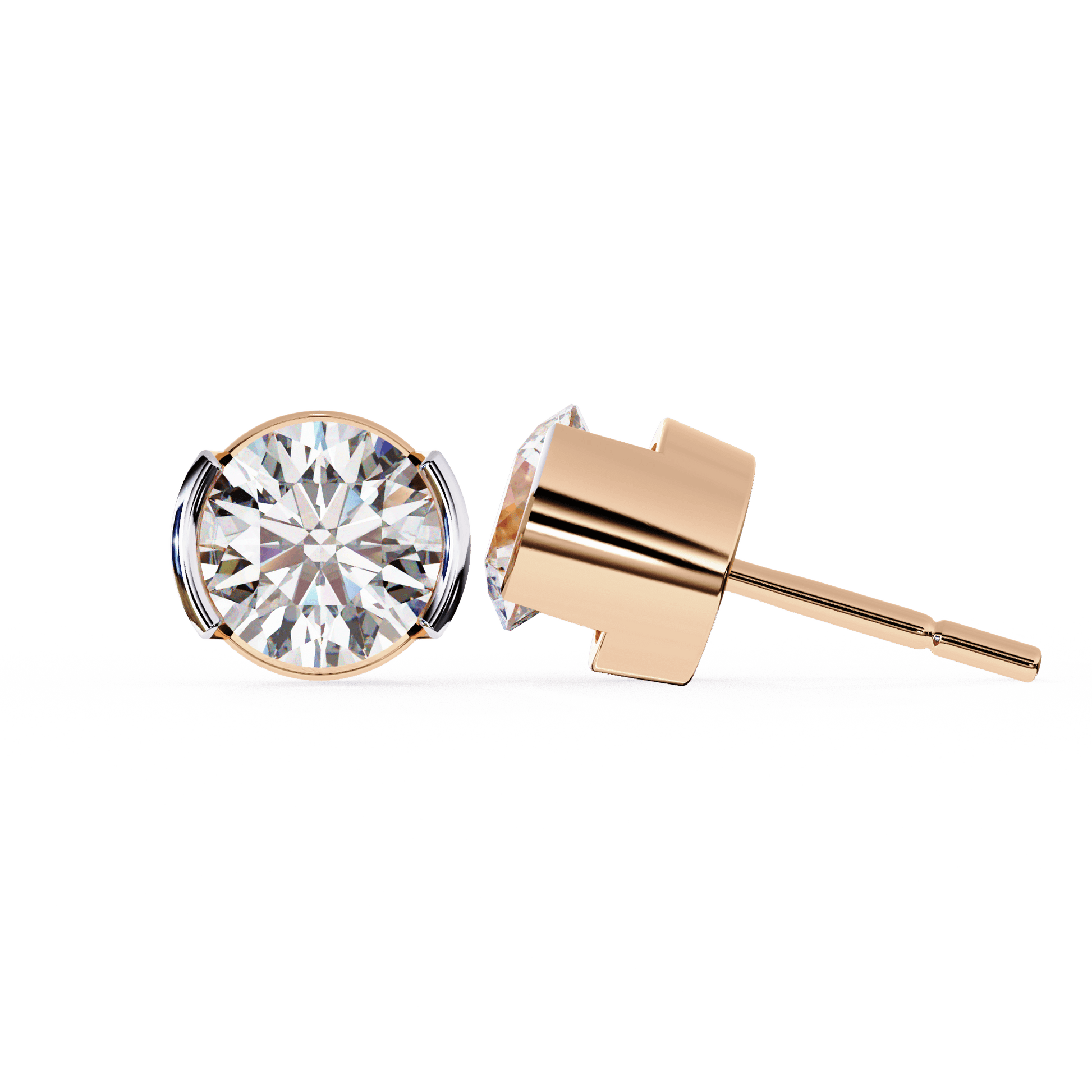 Carat House Dubai Amy semi bezel round diamond studs showcasing sparkling diamonds set in a sleek semi bezel setting.