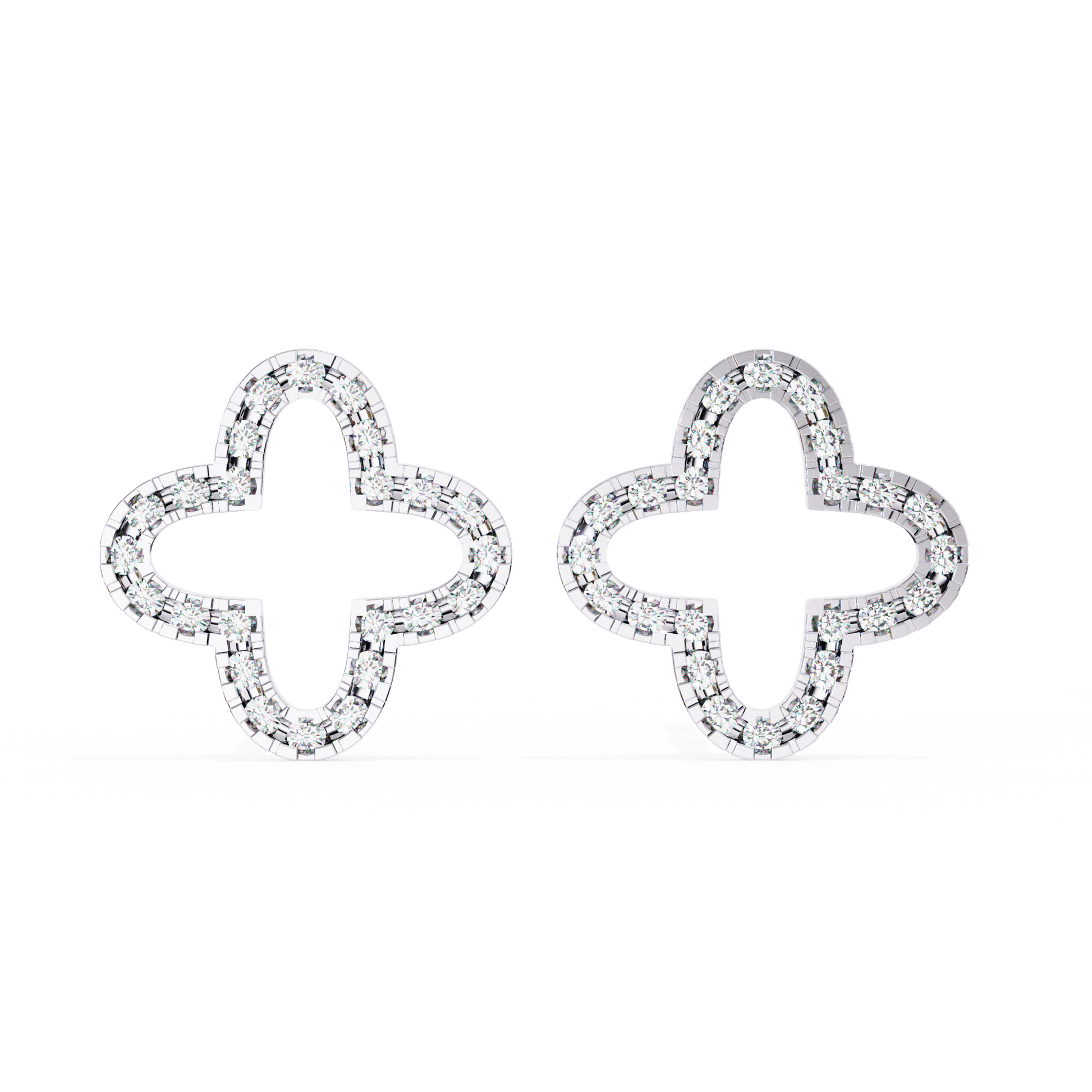 Diamond quatrefoil stud earrings by Carat House Dubai featuring elegant Lune design with sparkling gemstones.