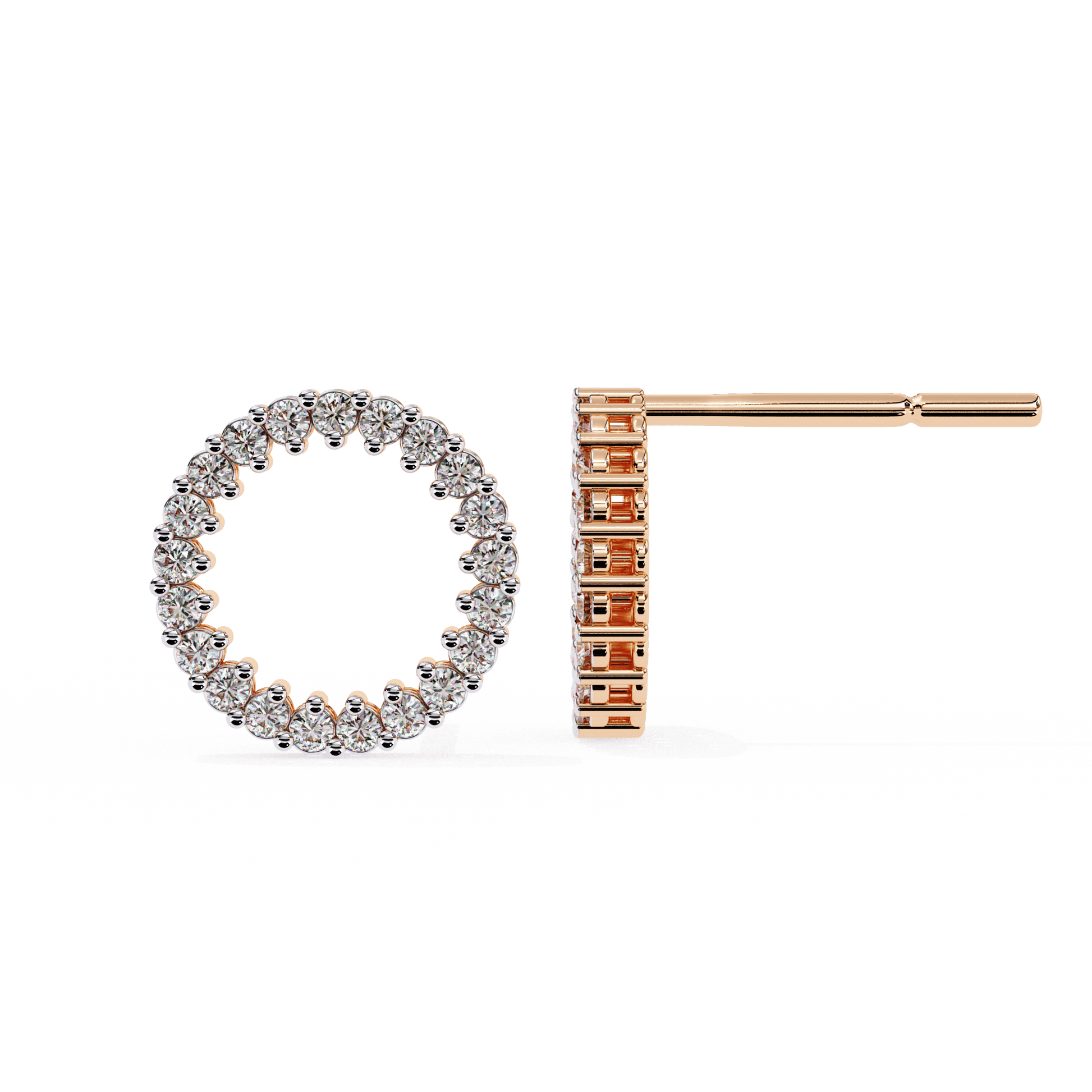 Round-cut diamond circle stud earrings by Carat House Dubai featuring elegant, sparkling diamond design on sterling silver posts.
