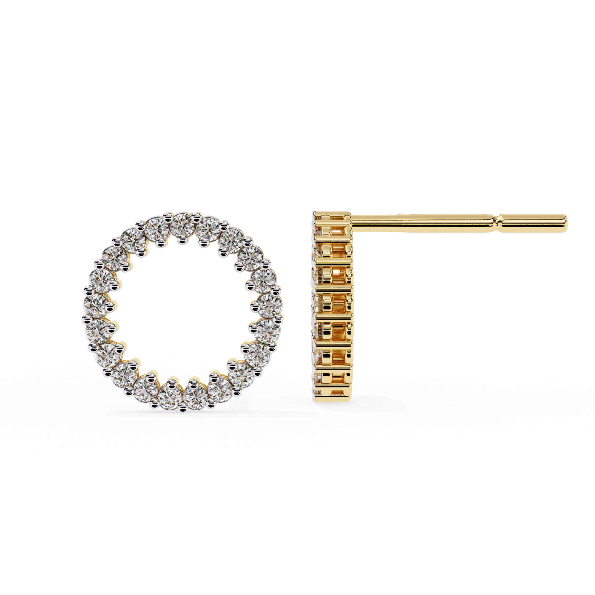 Round-cut diamond circle stud earrings by Carat House Dubai featuring sparkling diamond accents and a classic, elegant design.