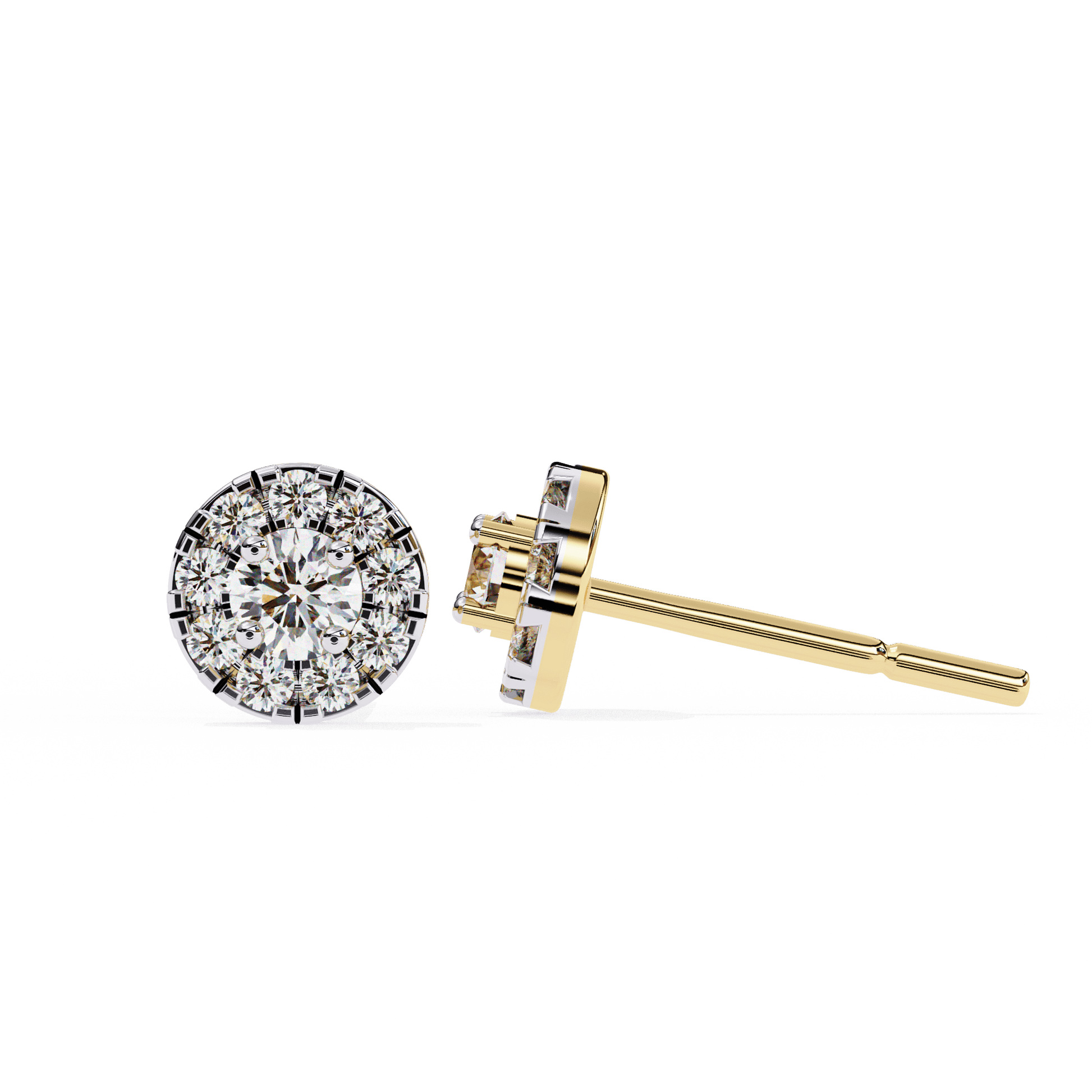 Carat House Dubai Bonnie round diamond studs with illusion halo, showcasing sparkling jewelry with intricate design and bright gemstones.