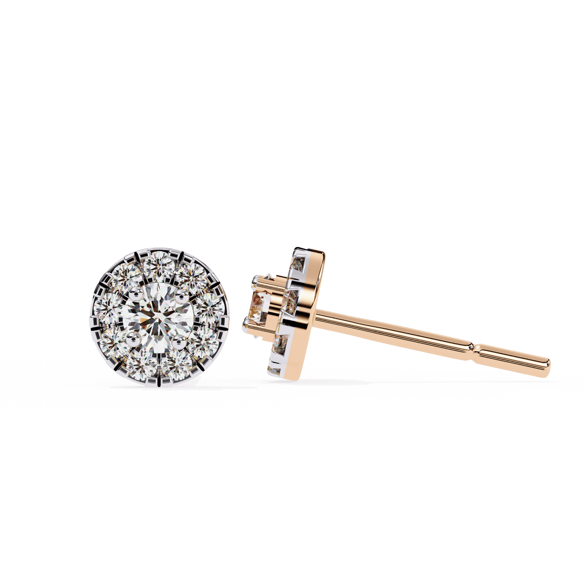 Carat House Dubai Bonnie round diamond studs with illusion halo, sparkling jewelry featuring brilliant diamonds and elegant design.