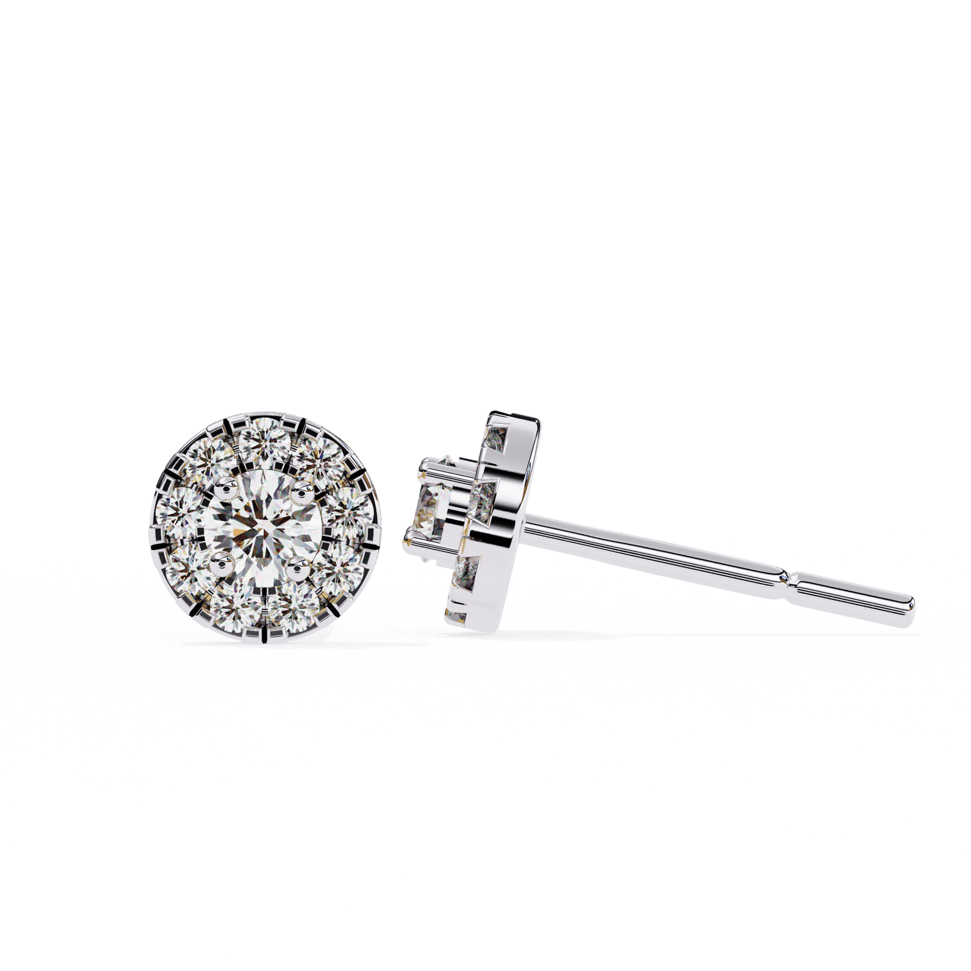 Carat House Dubai Bonnie round diamond studs with illusion halo, featuring sparkling diamonds set in a classic jewelry style