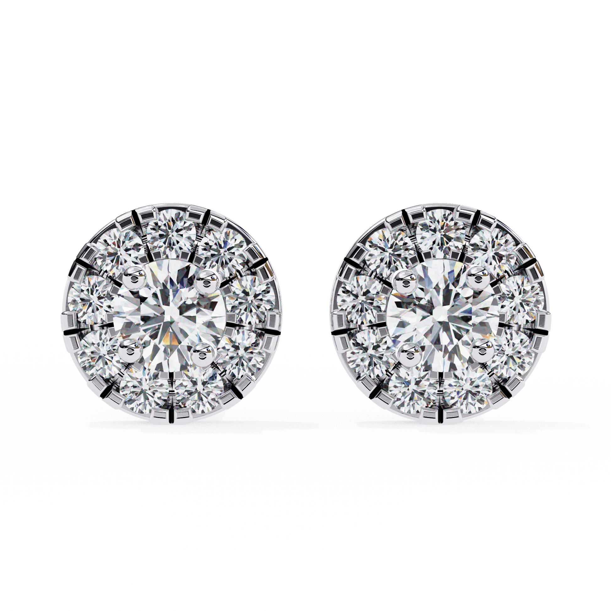 Carat House Dubai Bonnie round diamond stud earrings with illusion halo, showcasing sparkling diamonds and elegant jewelry design.