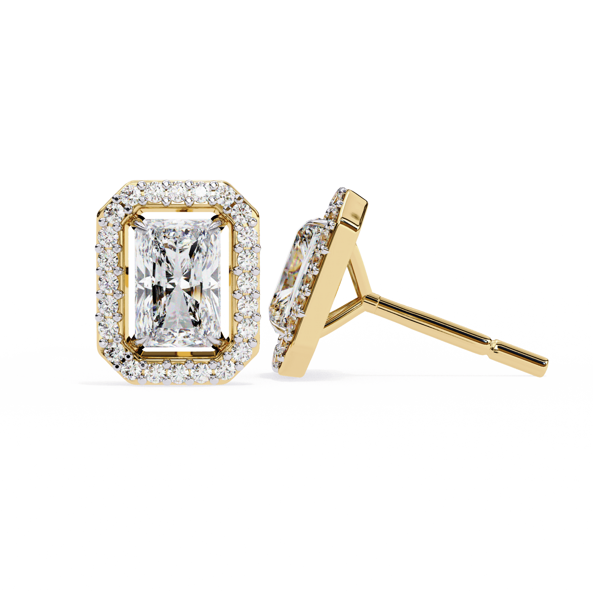Carat House Dubai Carla Radiant-Cut Stud Earrings with floating halo, featuring sparkling gemstones and elegant design.