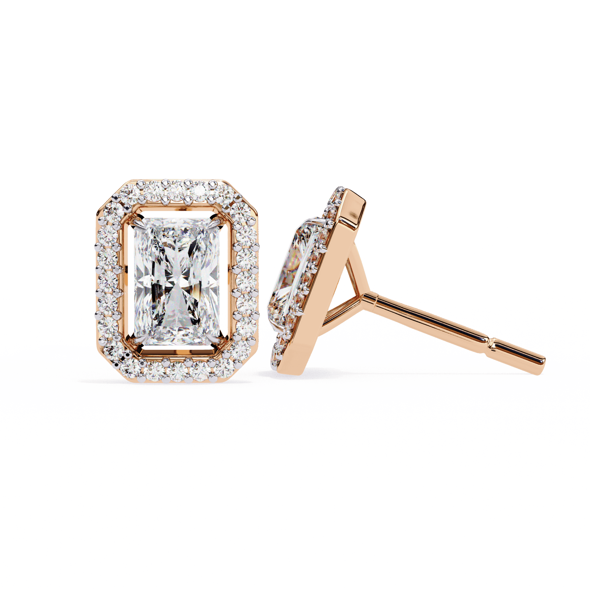 Carat House Dubai Carla radiant-cut stud earrings with floating halo, featuring sparkling gemstones and elegant silver setting.