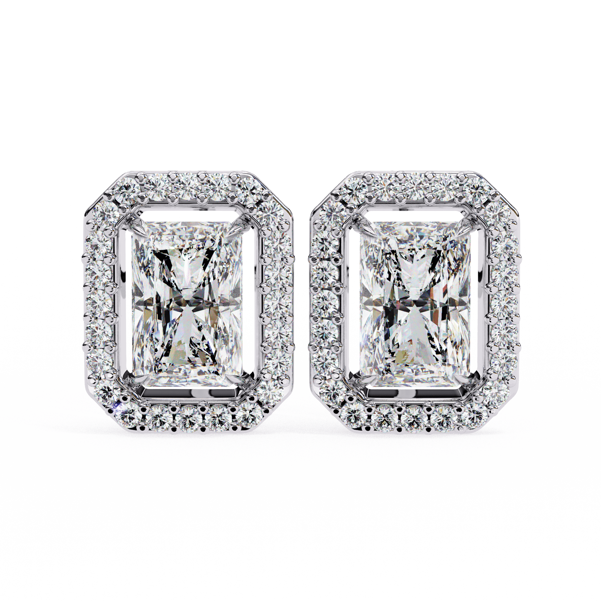 Carla– Radiant-Cut Stud Earrings with Floating Halo — diamond stud earrings — floating halo — lab grown diamond and natural diamond — 18k white gold and platinum — Carat House