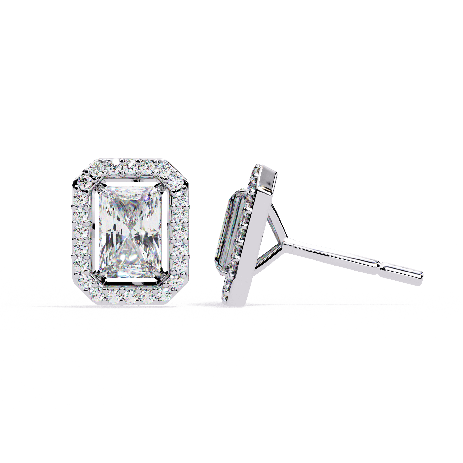 Radiant-cut stud earrings with floating halo design by Carat House Dubai, featuring sparkling gemstones and elegant craftsmanship.