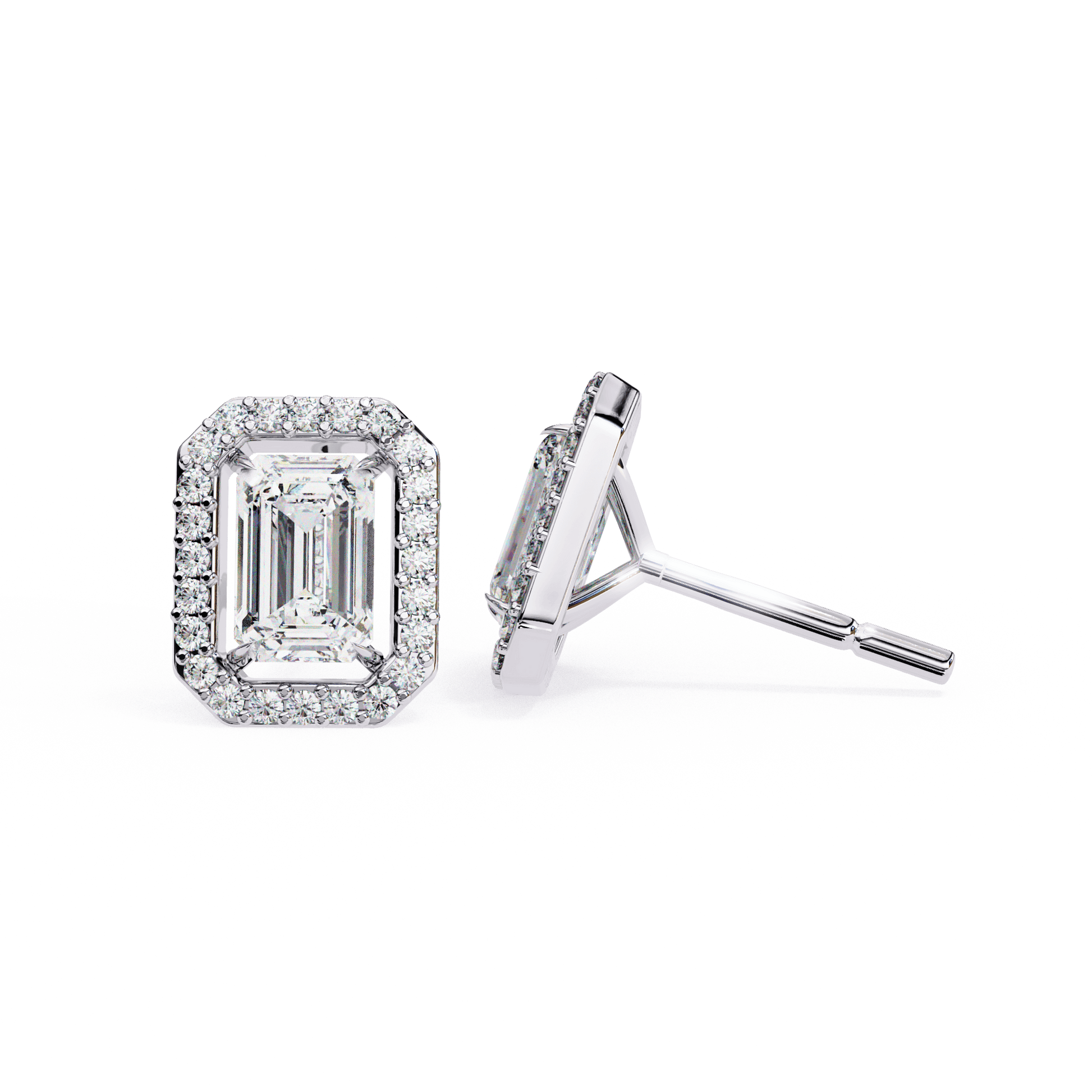 Emerald-cut stud earrings with floating halo design from Carat House Dubai featuring sparkling gemstones.
