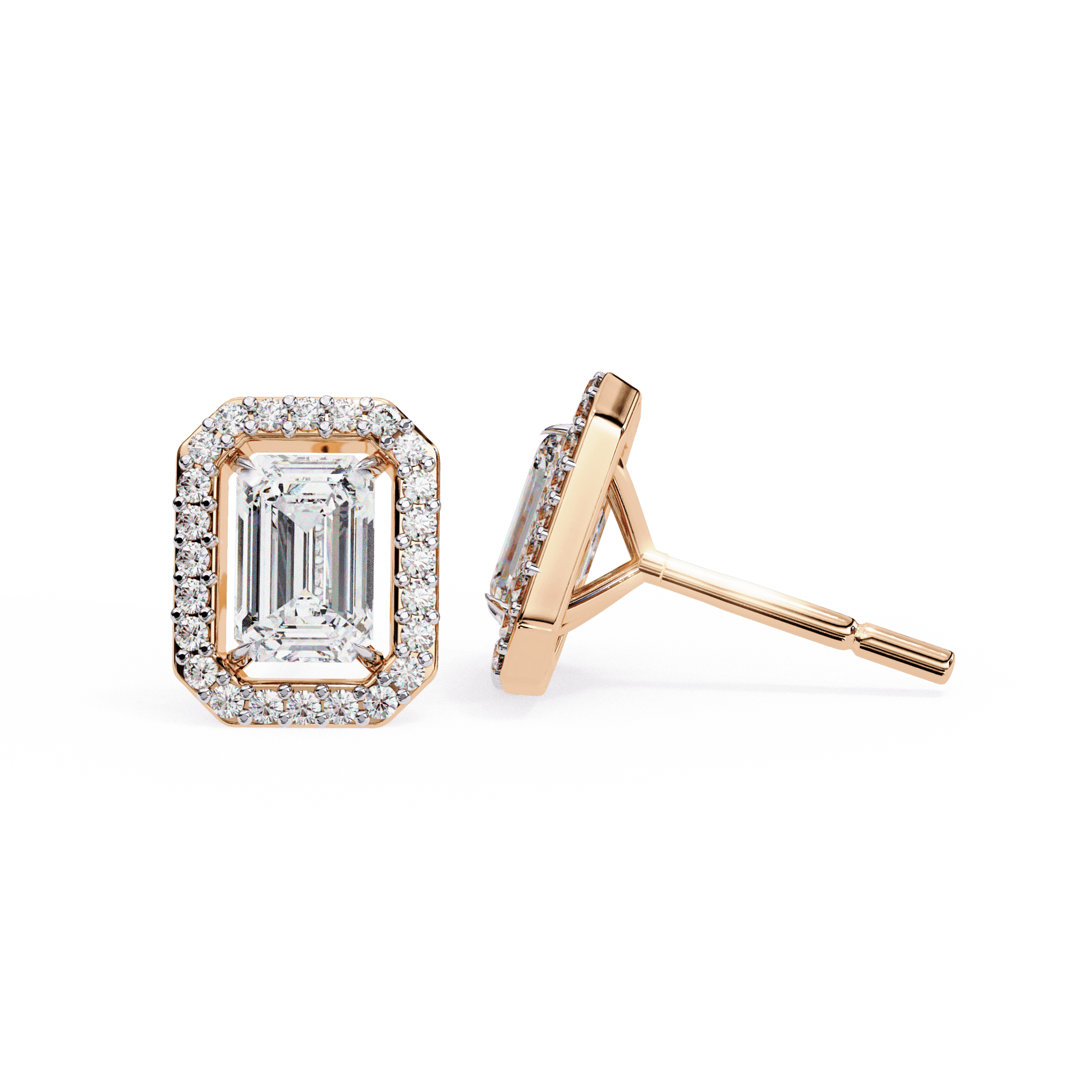 Emerald-cut stud earrings with floating halo design by Carat House Dubai, featuring sparkling gemstones and elegant craftsmanship.