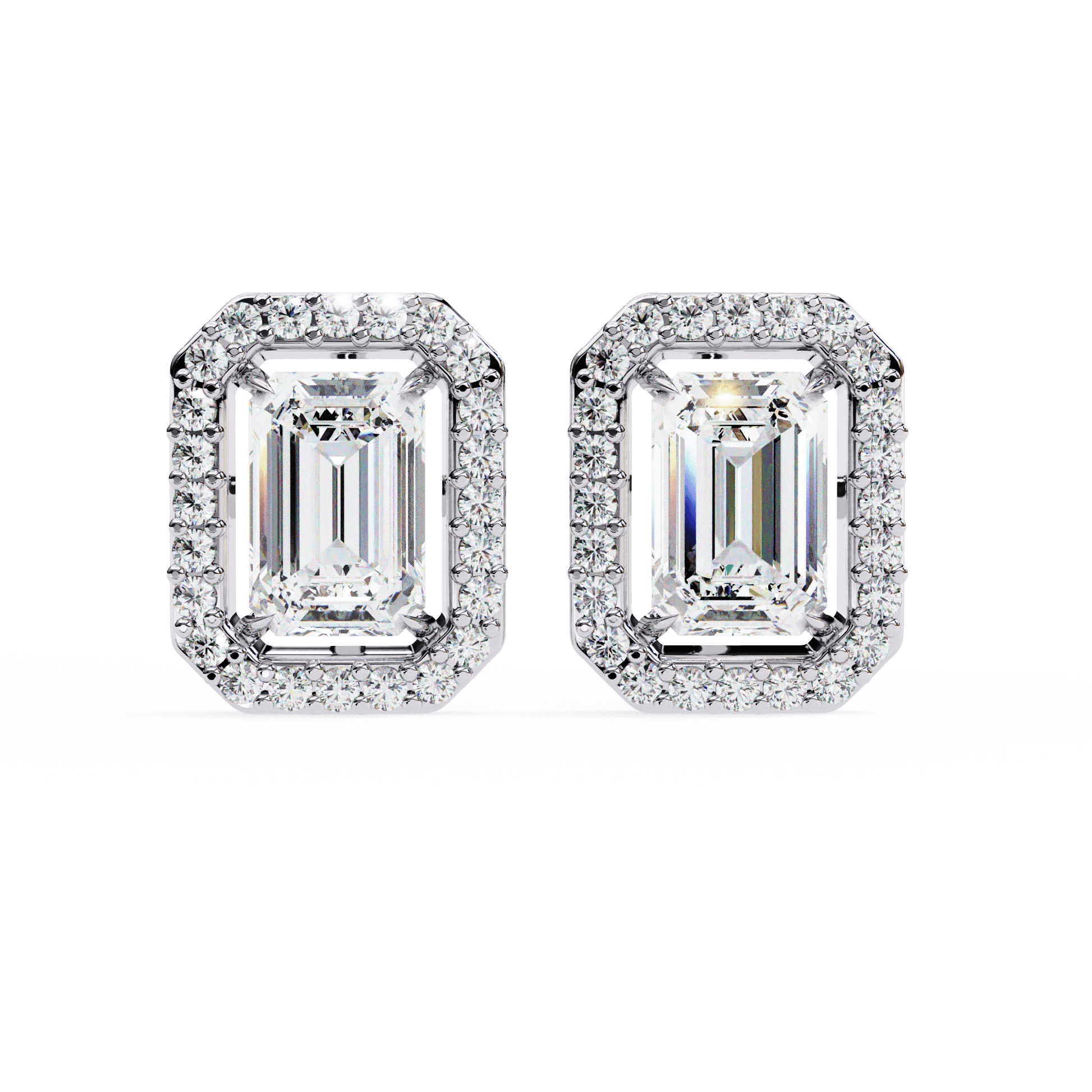 Cassidy – Emerald-Cut Stud Earrings with Floating Halo — diamond stud earrings — floating halo — lab grown diamond and natural diamond — 18k white gold and platinum — Carat House