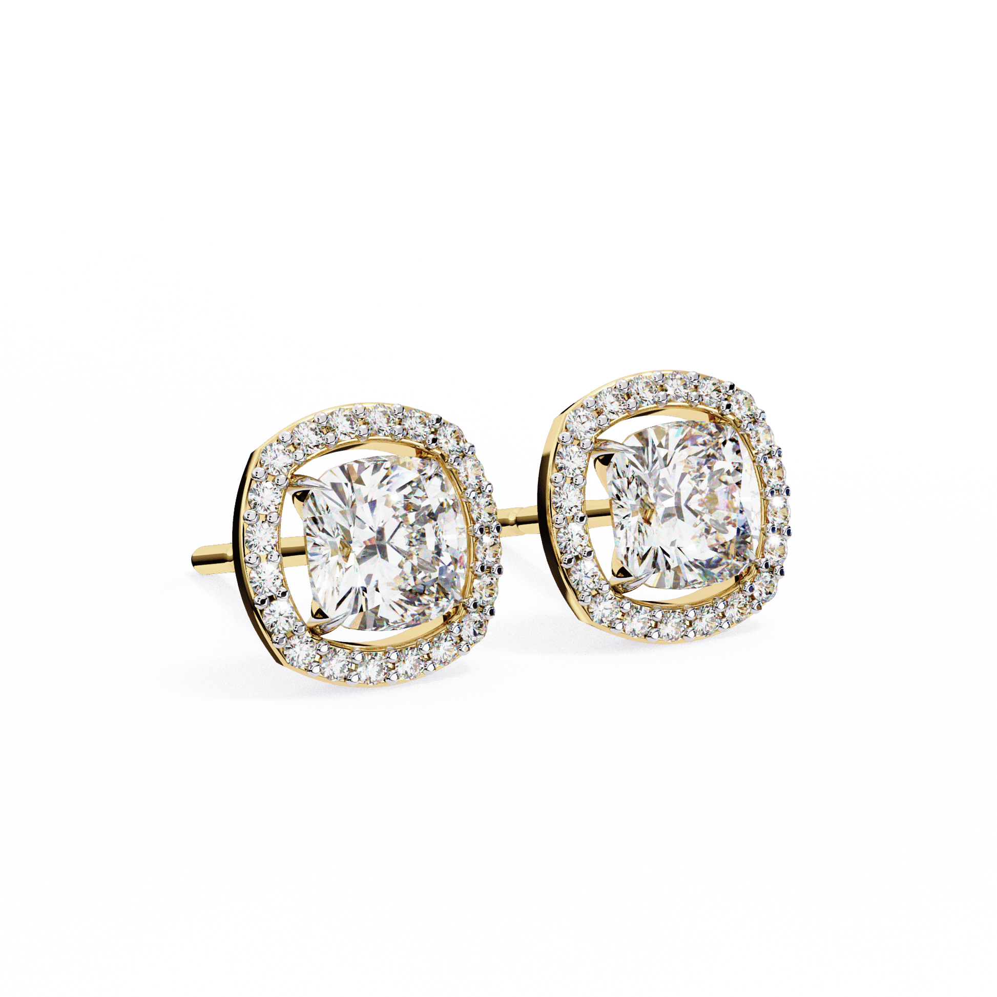 Carlotta cushion-cut stud earrings with floating halo, featuring sparkling gemstones, from Carat House Dubai.