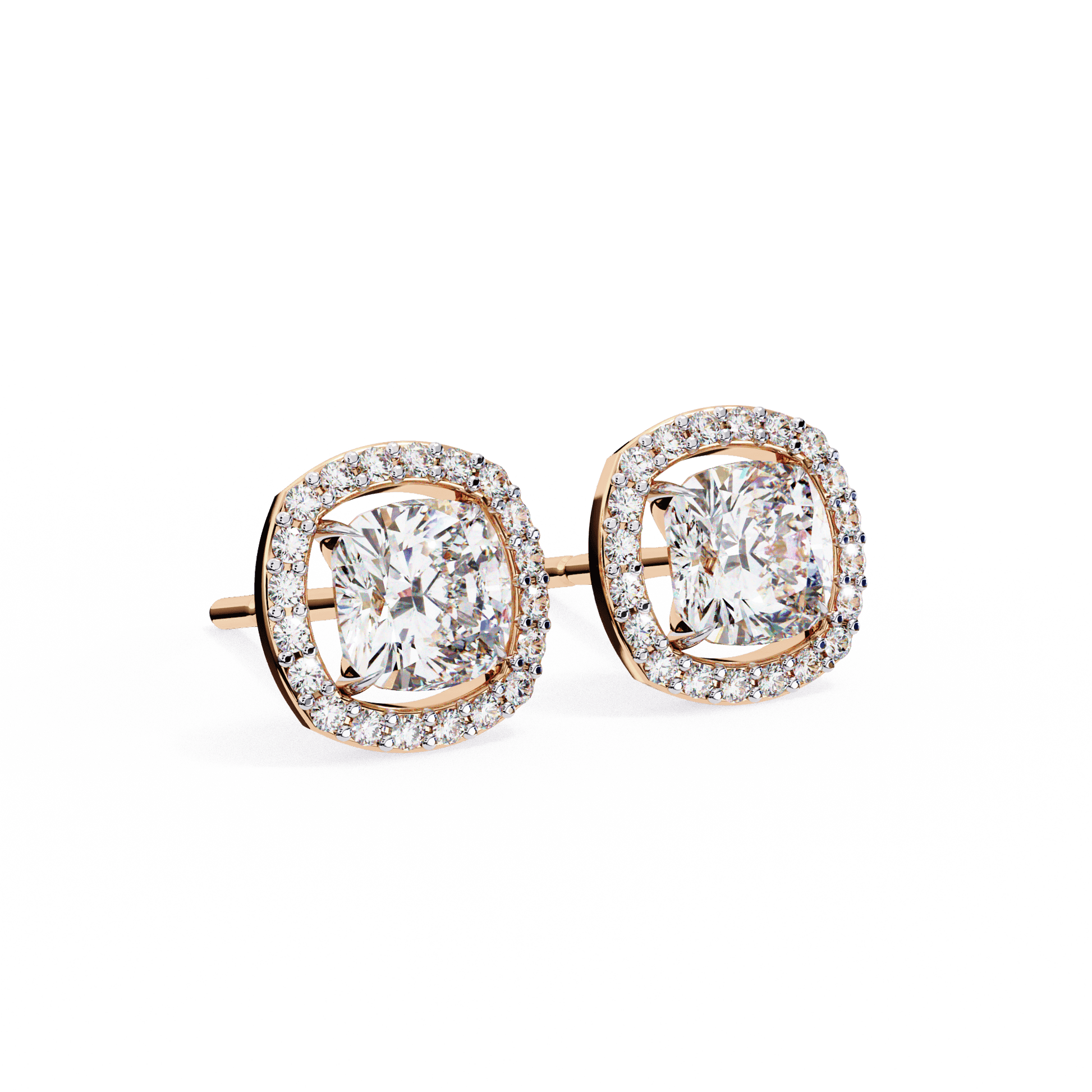 Carlotta cushion-cut stud earrings with floating halo, featuring sparkling gemstones and elegant silver setting by Carat House Dubai