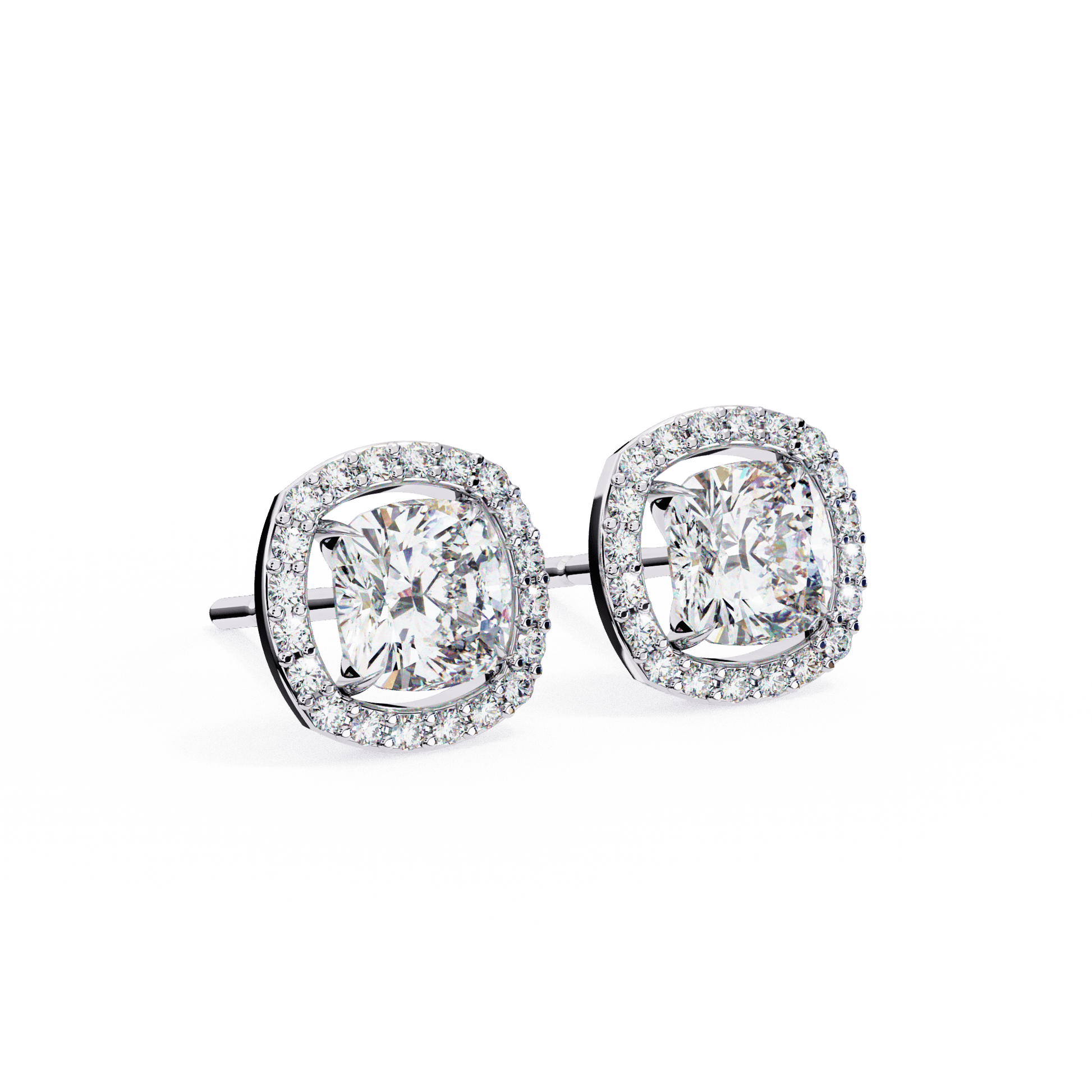 Carlaotta cushion-cut stud earrings with floating halo design by Carat House Dubai, featuring sparkling gemstones and elegant craftsmanship.