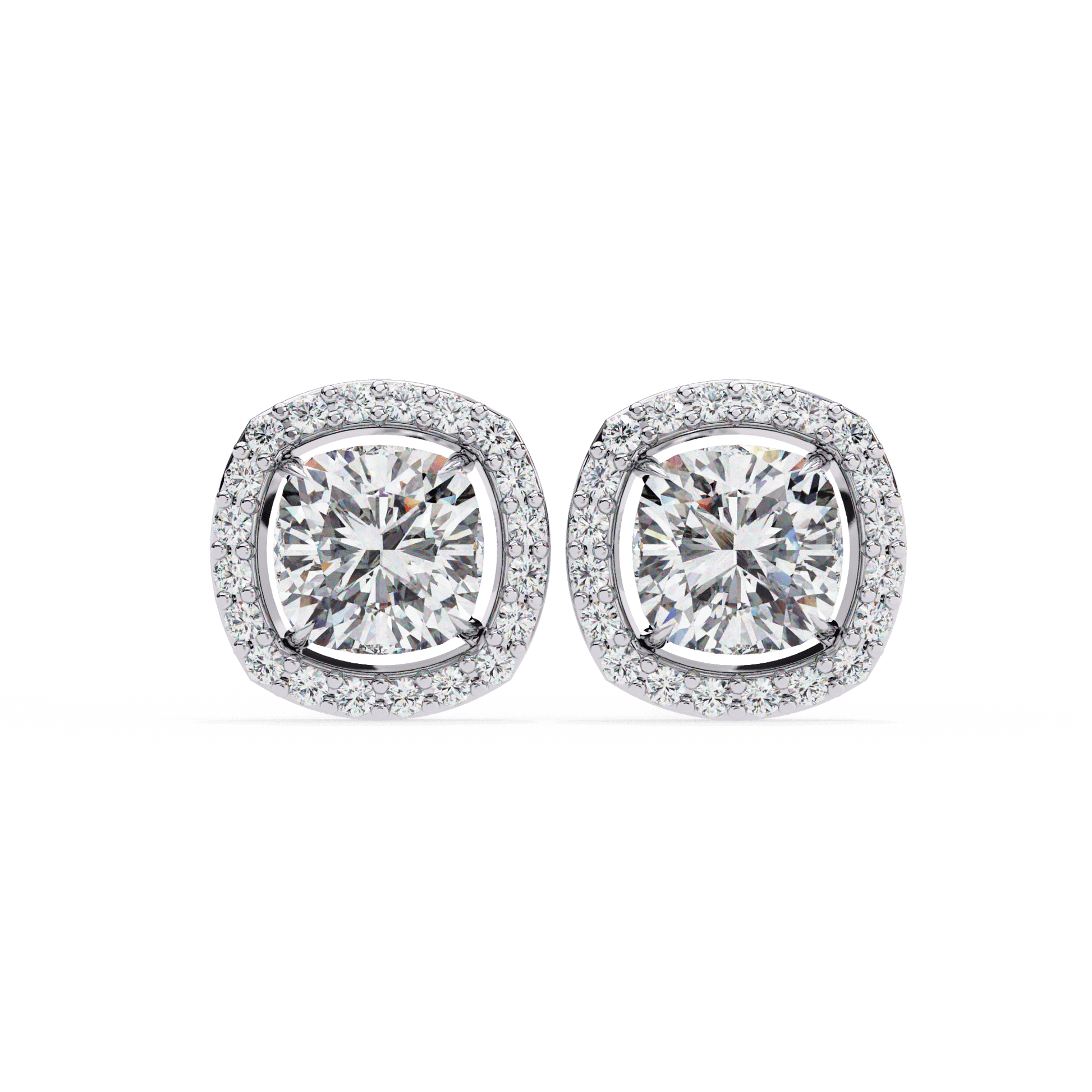 Carlotta– Cushion-Cut Stud Earrings with Floating Halo — diamond stud earrings — floating halo — lab grown diamond and natural diamond — 18k white gold and platinum — Carat House