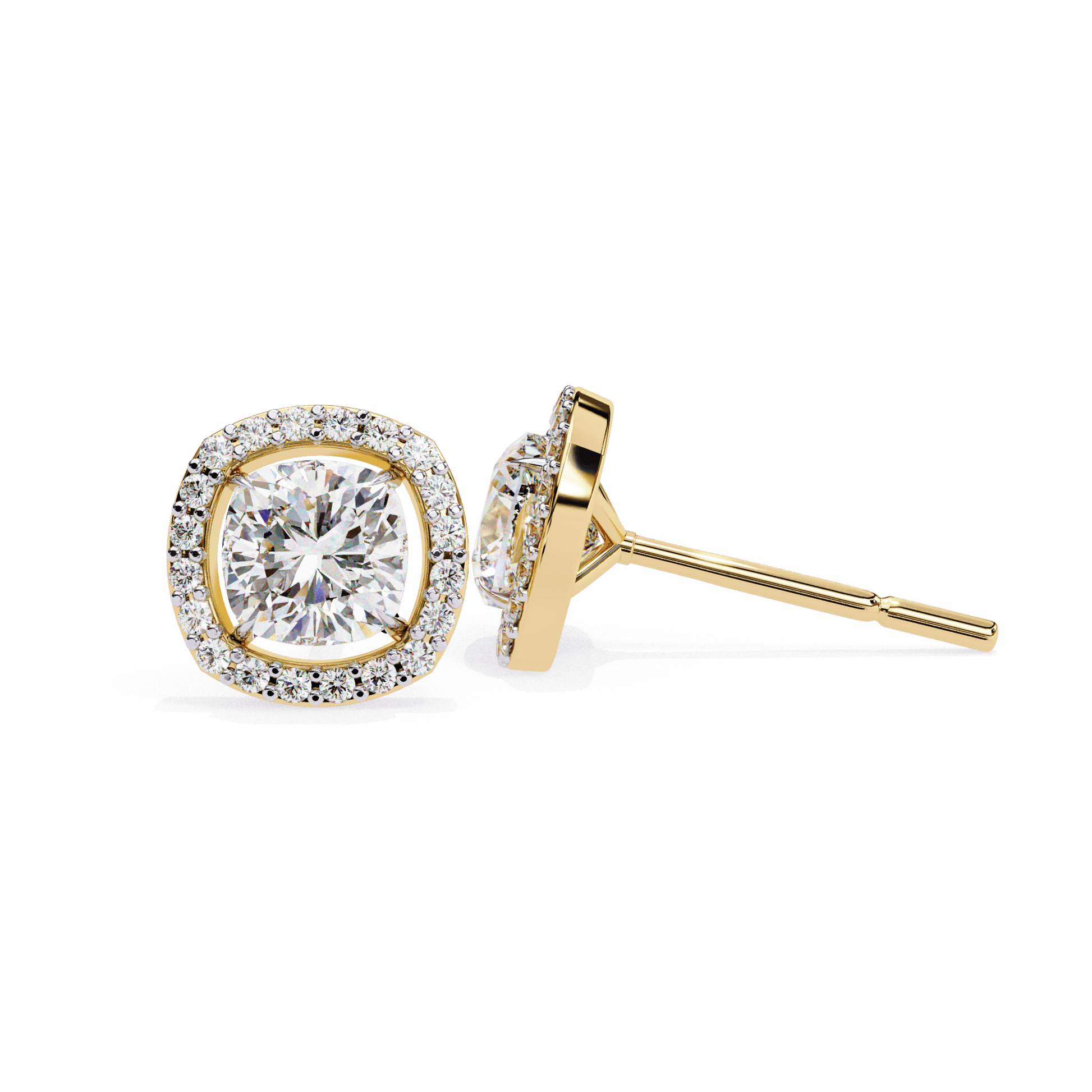 Carlotta cushion-cut stud earrings with floating halo design by Carat House Dubai, featuring sparkling gemstone settings.